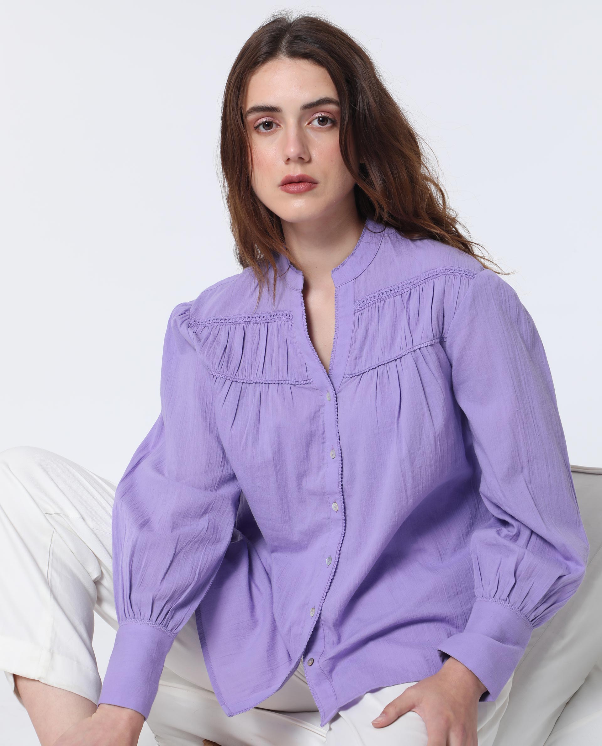 Women'S Stern Light Purple Cotton Fabric Relaxed Fit Mandarin Collar Full Sleeves Solid Top