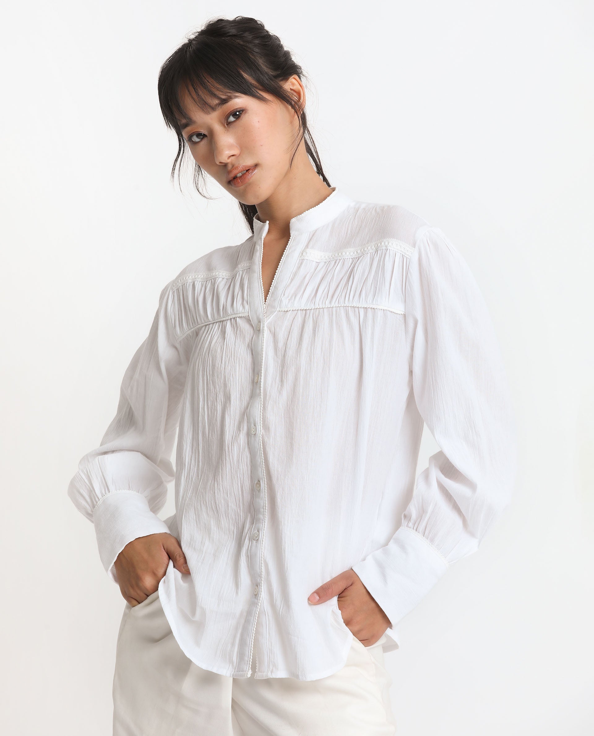 Women'S Stern White Cotton Fabric Full Sleeves Mandarin Collar Bishop Sleeve Relaxed Fit Plain Blouse Top