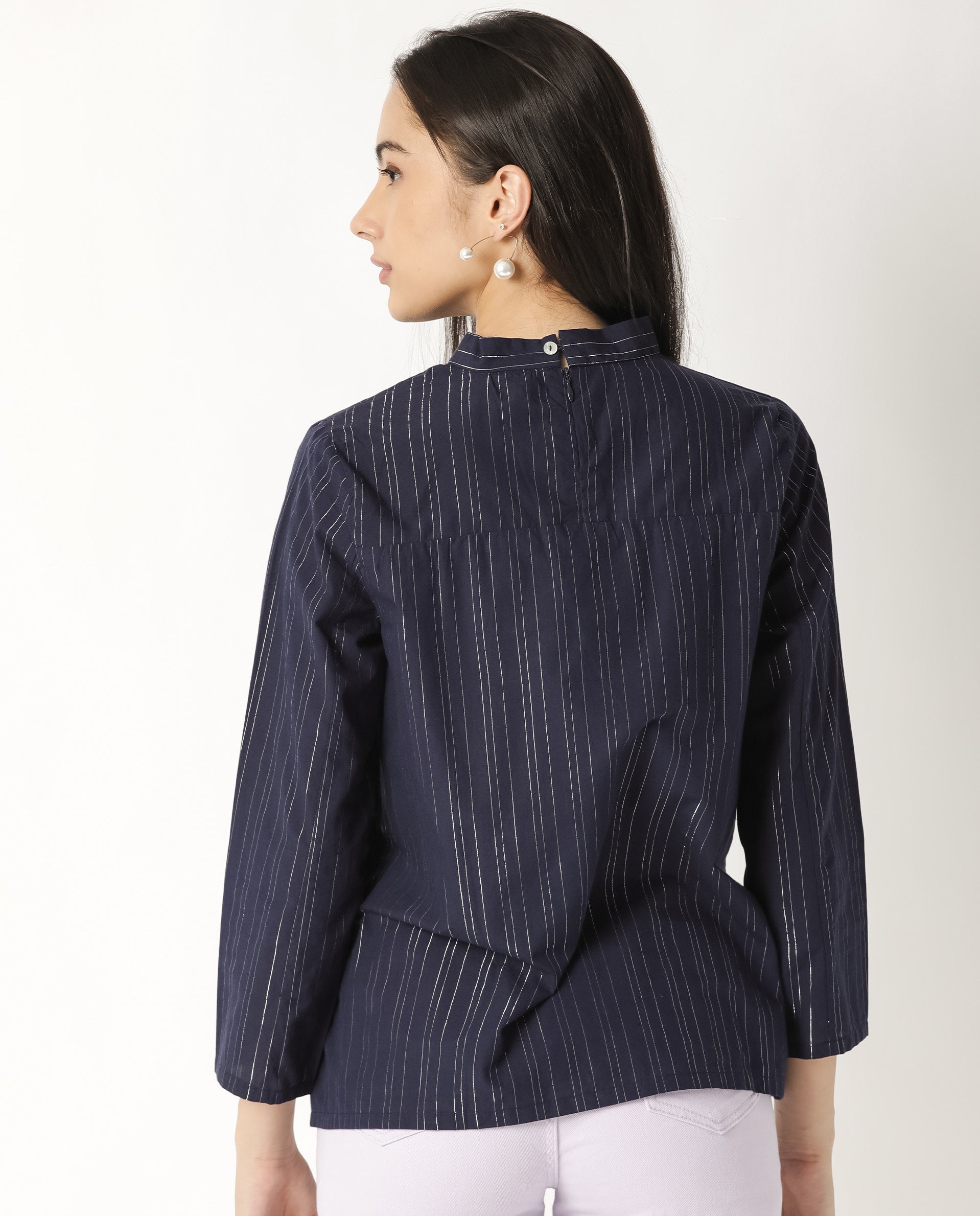 Women'S Tarnish Navy Regular Fit High Neck Full Sleeves Striped Top