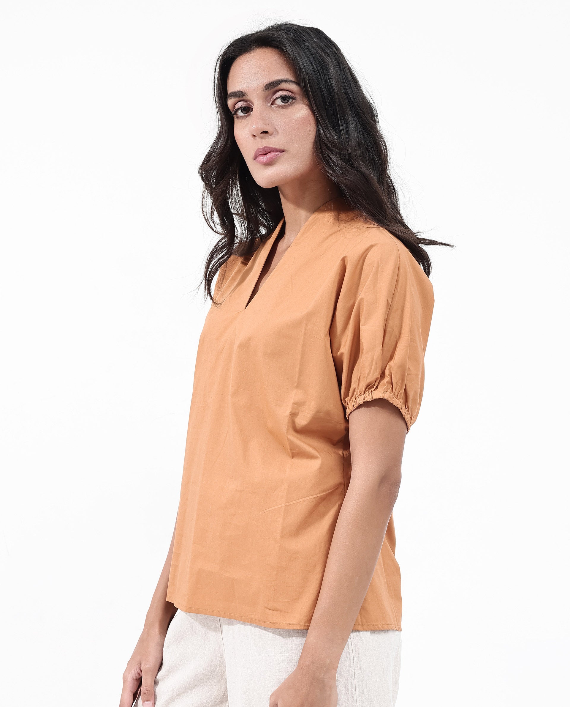 Women'S Titan Light Tan Cotton Fabric Halfsleeves V-Neck Solid Regular Fit Top