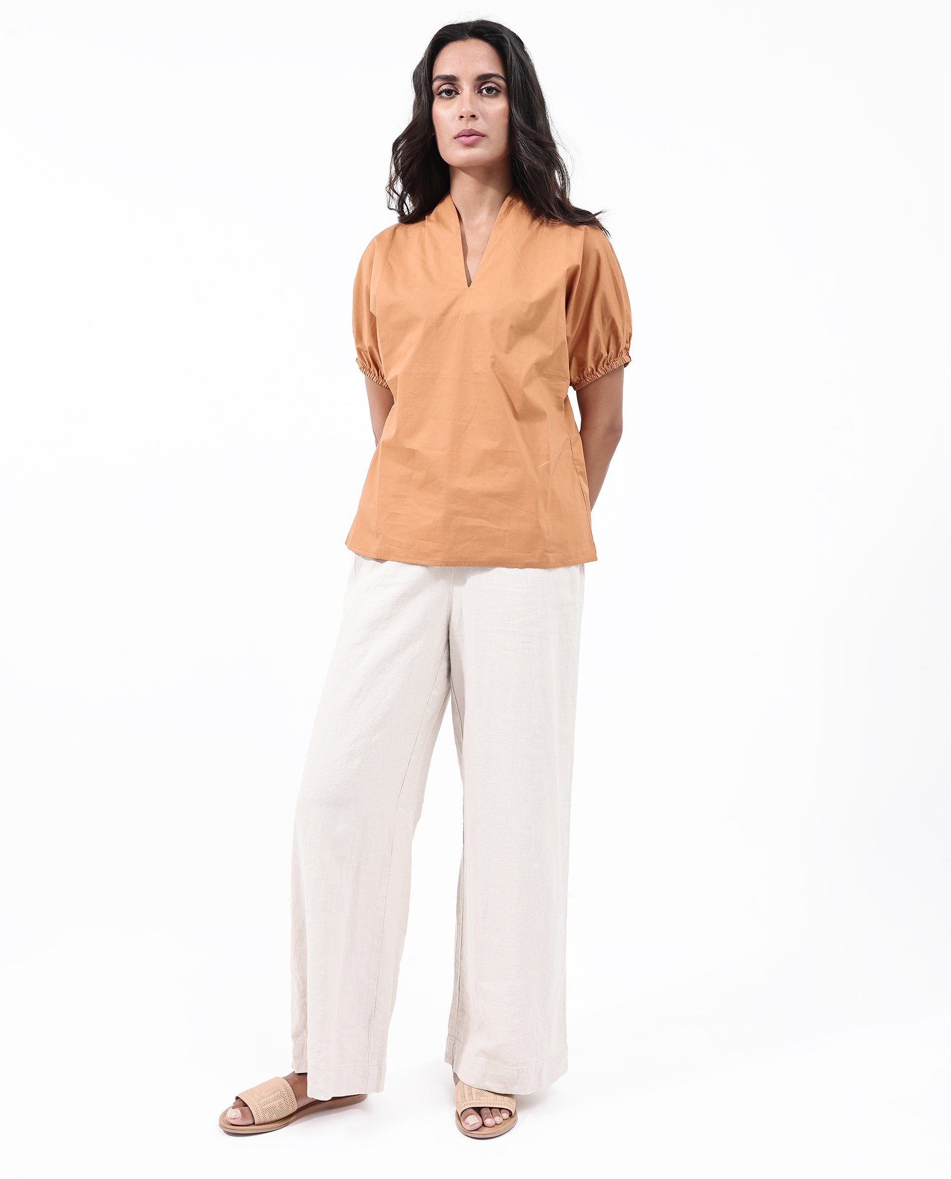 Women'S Titan Light Tan Cotton Fabric Halfsleeves V-Neck Solid Regular Fit Top