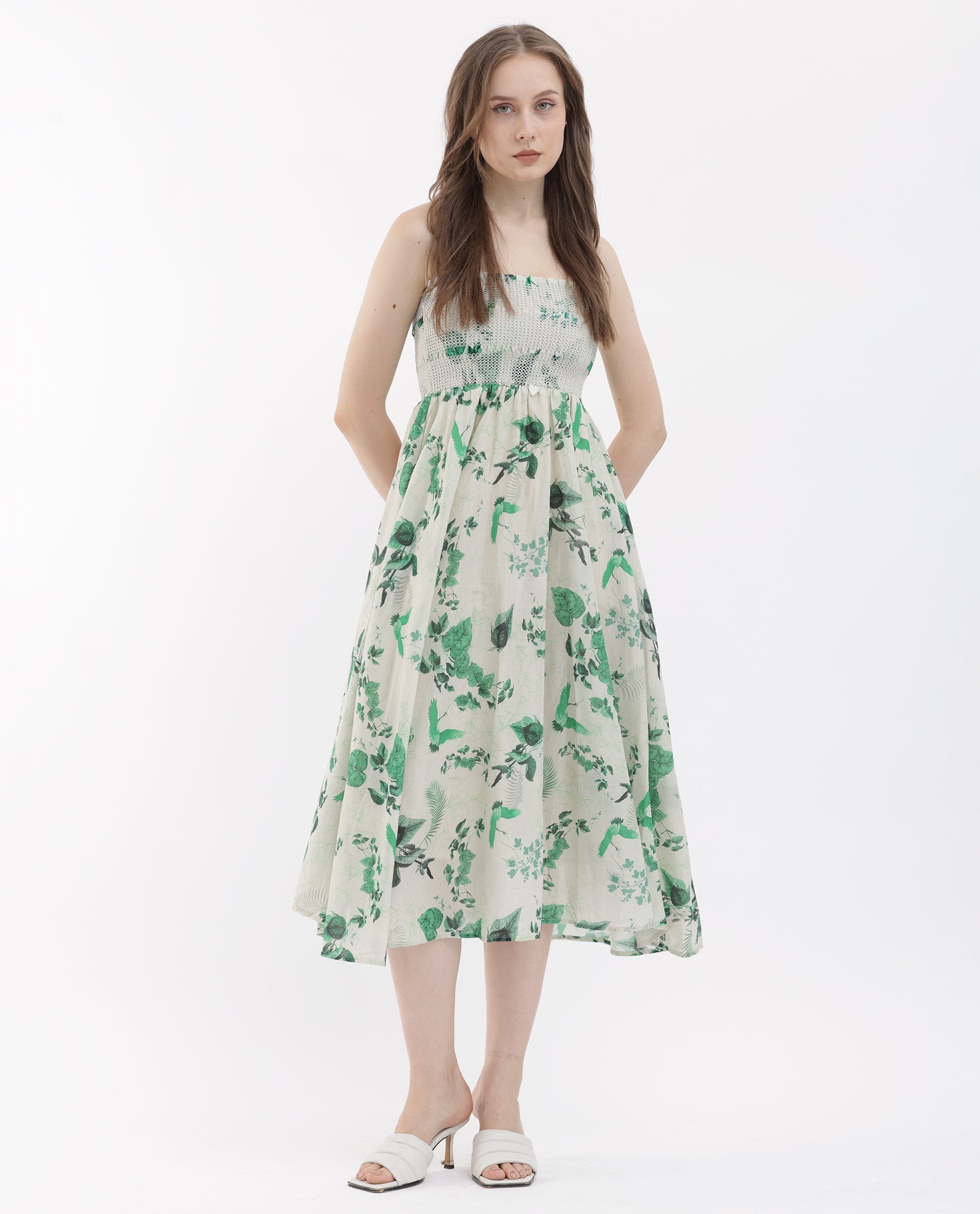 Women'S Troke Off White Cotton Fabric Sleeveless Shoulder Straps Fit And Flare Floral Print Midi Dress