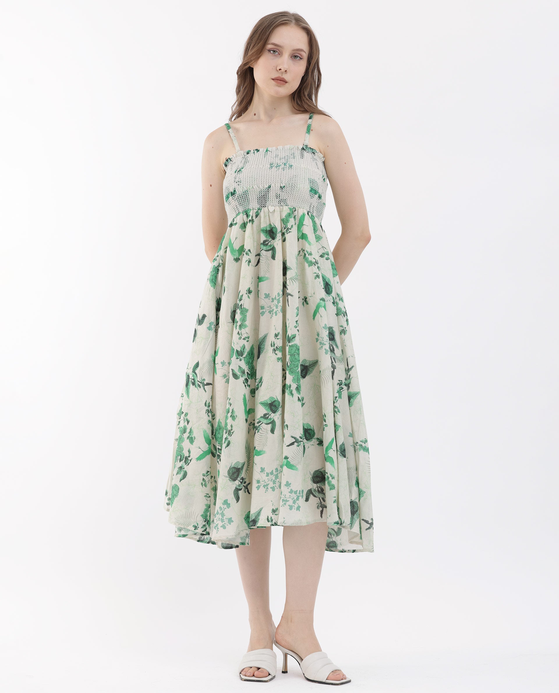 Women'S Troke Off White Cotton Fabric Sleeveless Shoulder Straps Fit And Flare Floral Print Midi Dress