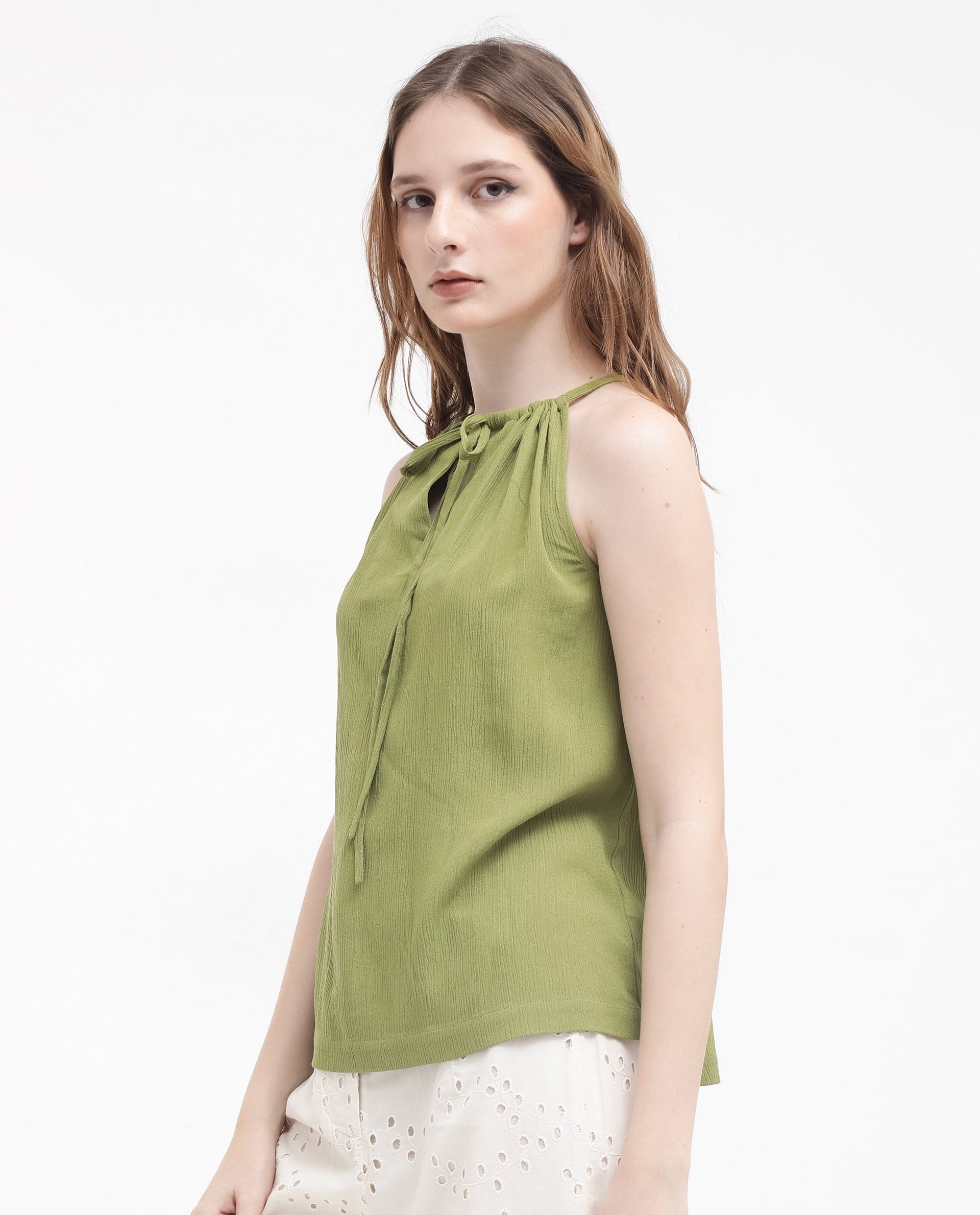 Women'S Udine Green Sleeveless Halter Neck Top With Drawcord Detail