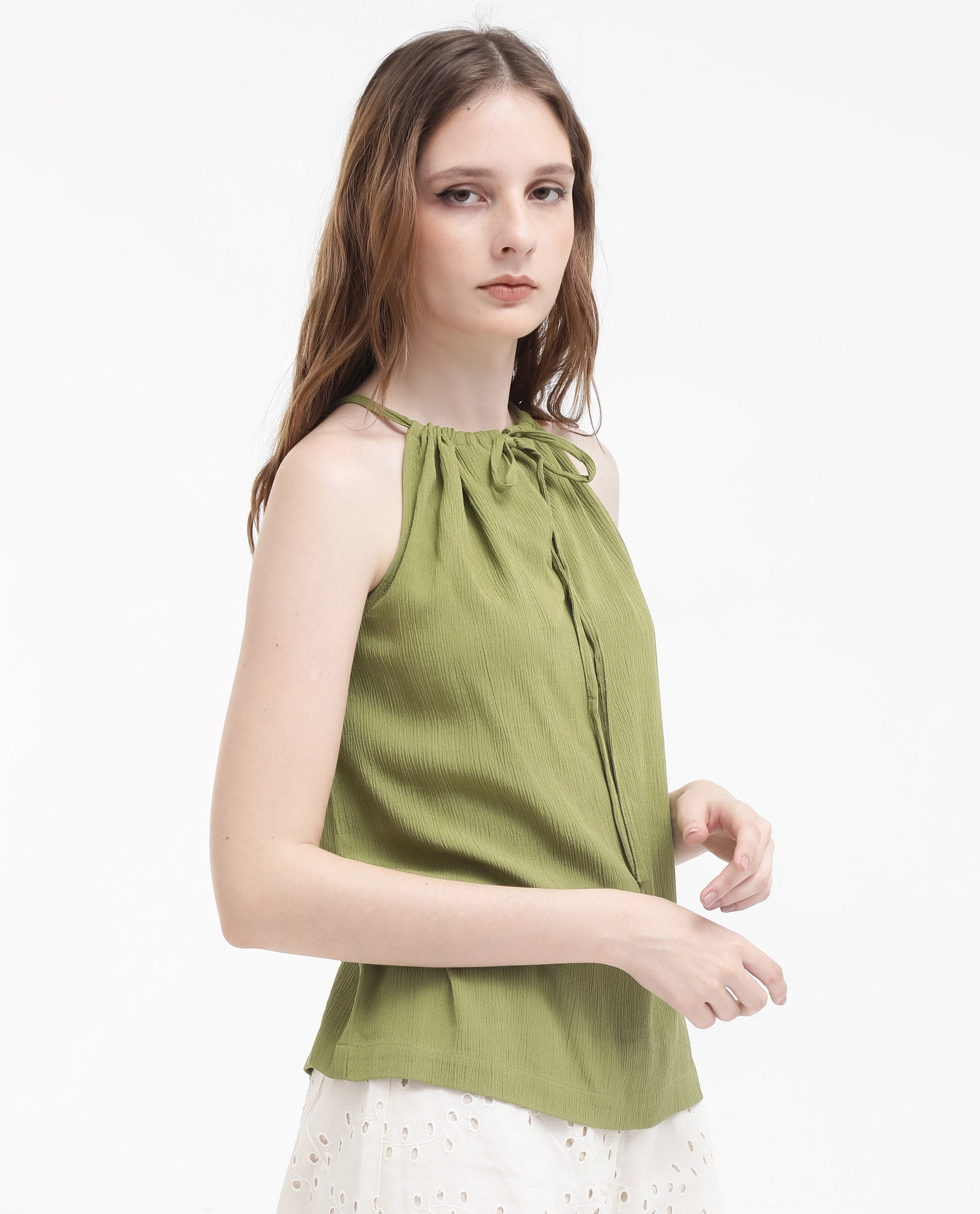 Women'S Udine Green Sleeveless Halter Neck Top With Drawcord Detail