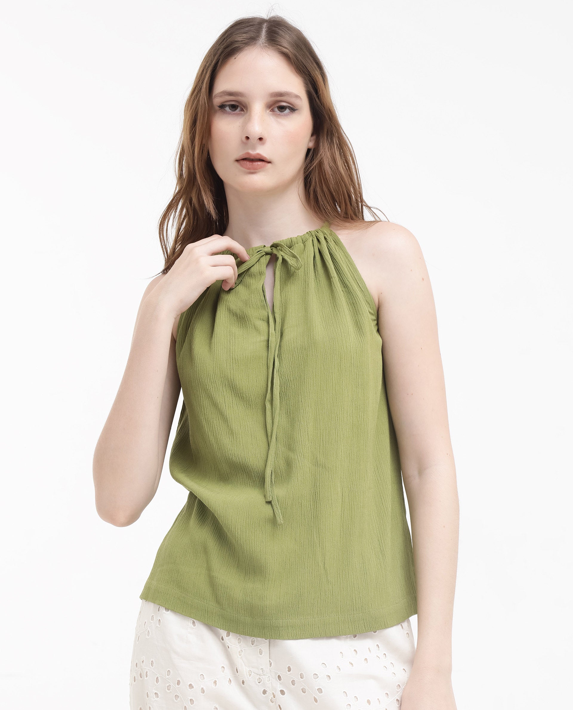 Women'S Udine Green Sleeveless Halter Neck Top With Drawcord Detail