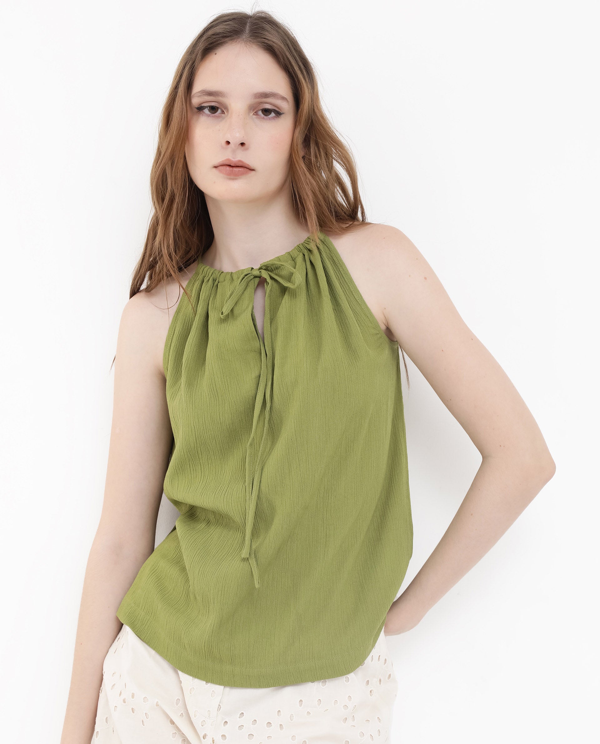 Women'S Udine Green Sleeveless Halter Neck Top With Drawcord Detail