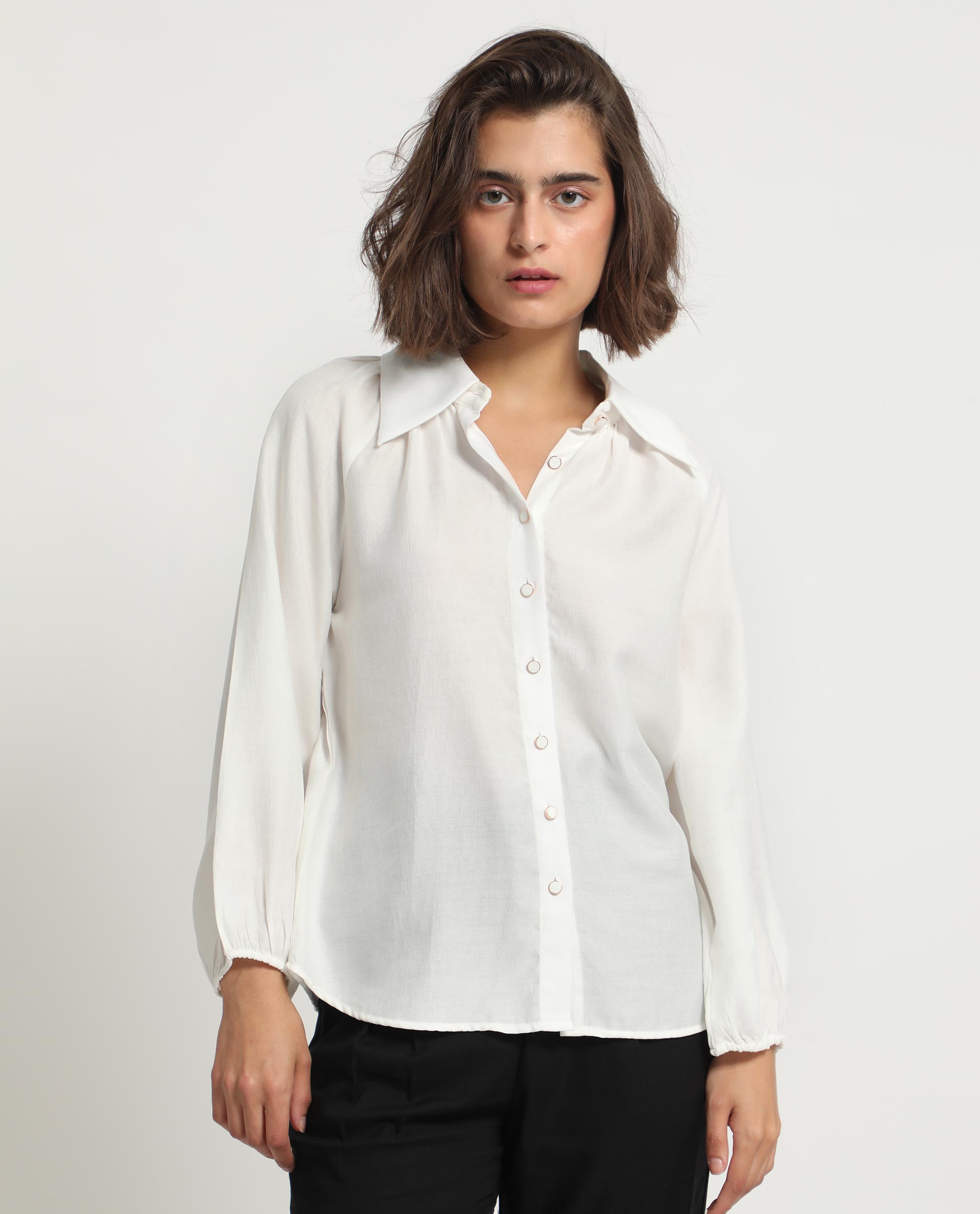 Women'S Ugans White Polyester Fabric Relaxed Fit Shirt Collar Full Sleeves Solid Top