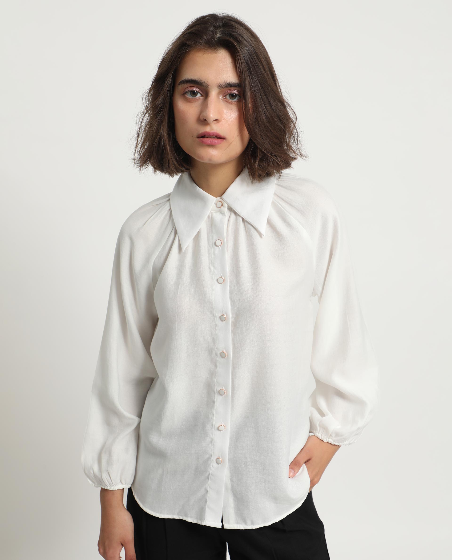 Women'S Ugans White Polyester Fabric Relaxed Fit Shirt Collar Full Sleeves Solid Top