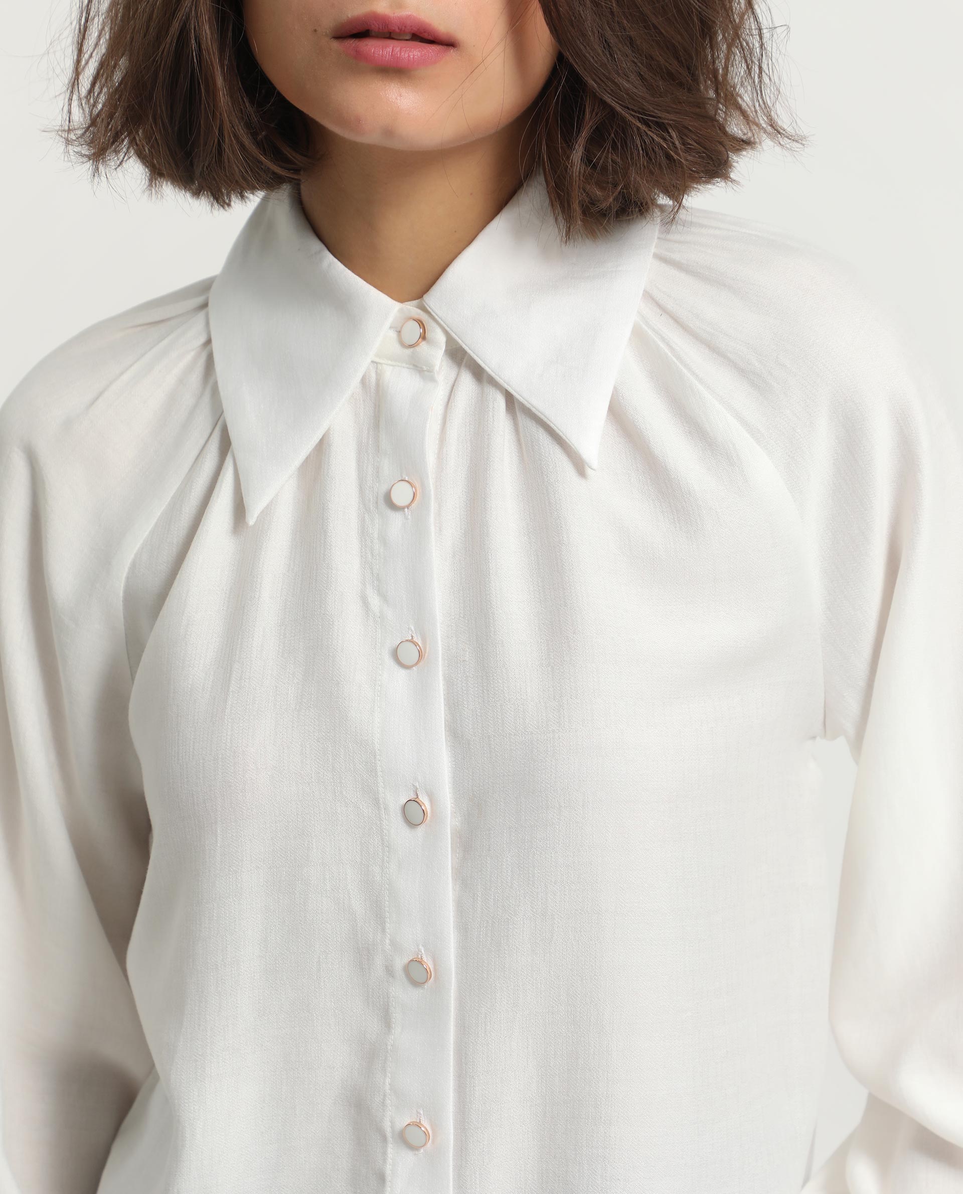 Women'S Ugans White Polyester Fabric Relaxed Fit Shirt Collar Full Sleeves Solid Top