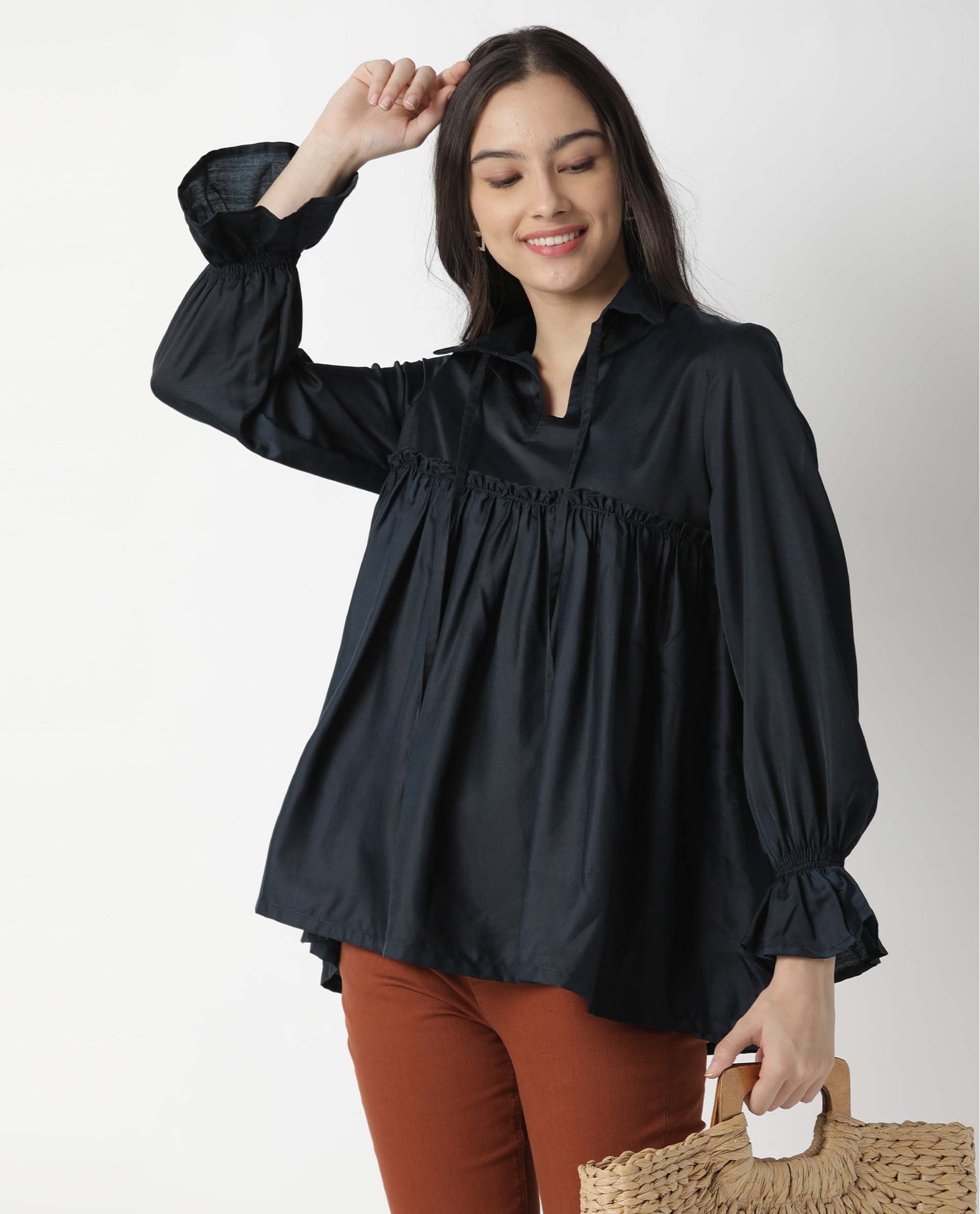 Women'S Poet Petrol Polyester Fabric Relaxed Fit Tie-Up Neck Full Sleeves Solid Top