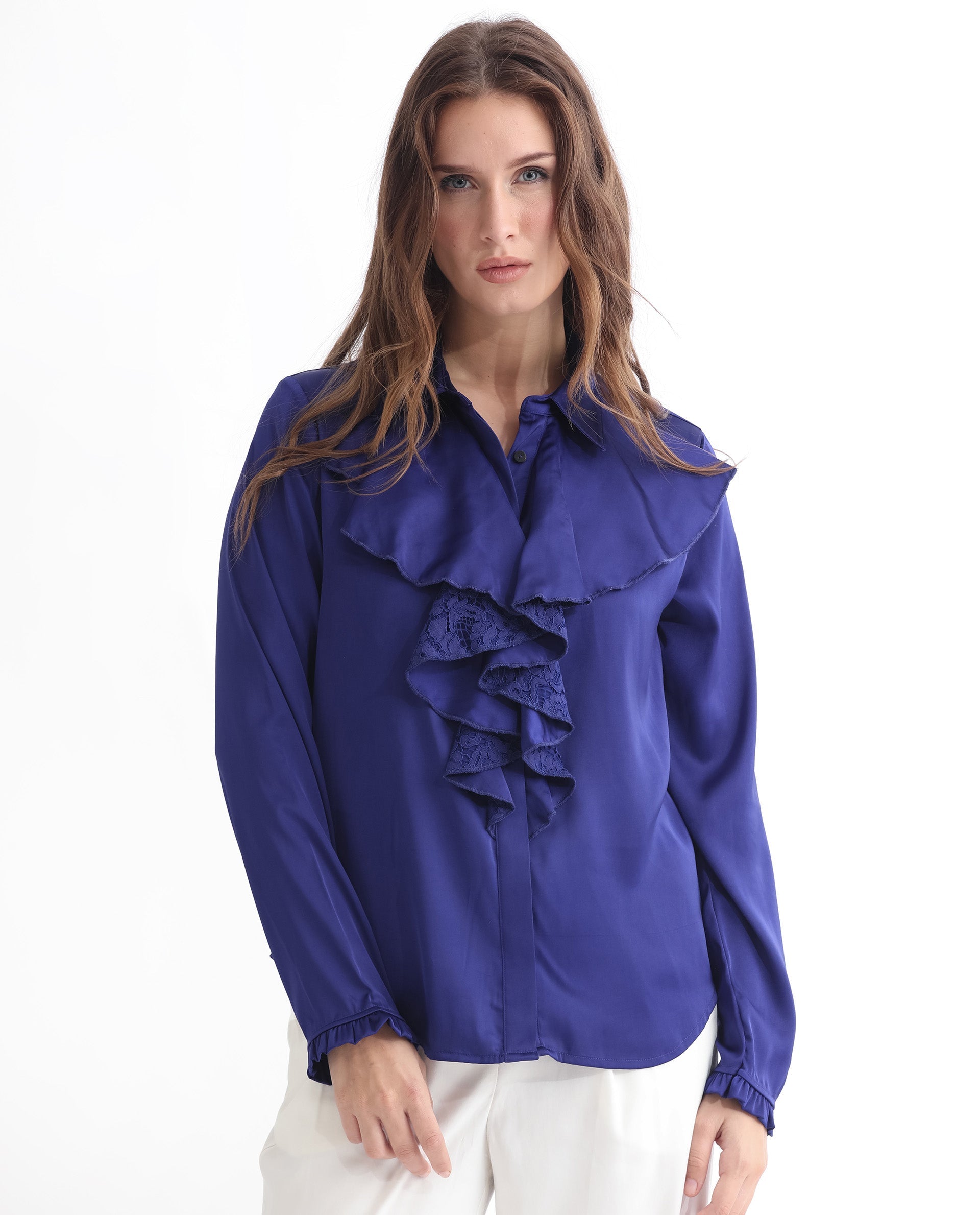 Women'S Uitson Dark Blue Polyester Fabric Relaxed Fit Ruffled Neck Full Sleeves Solid Top