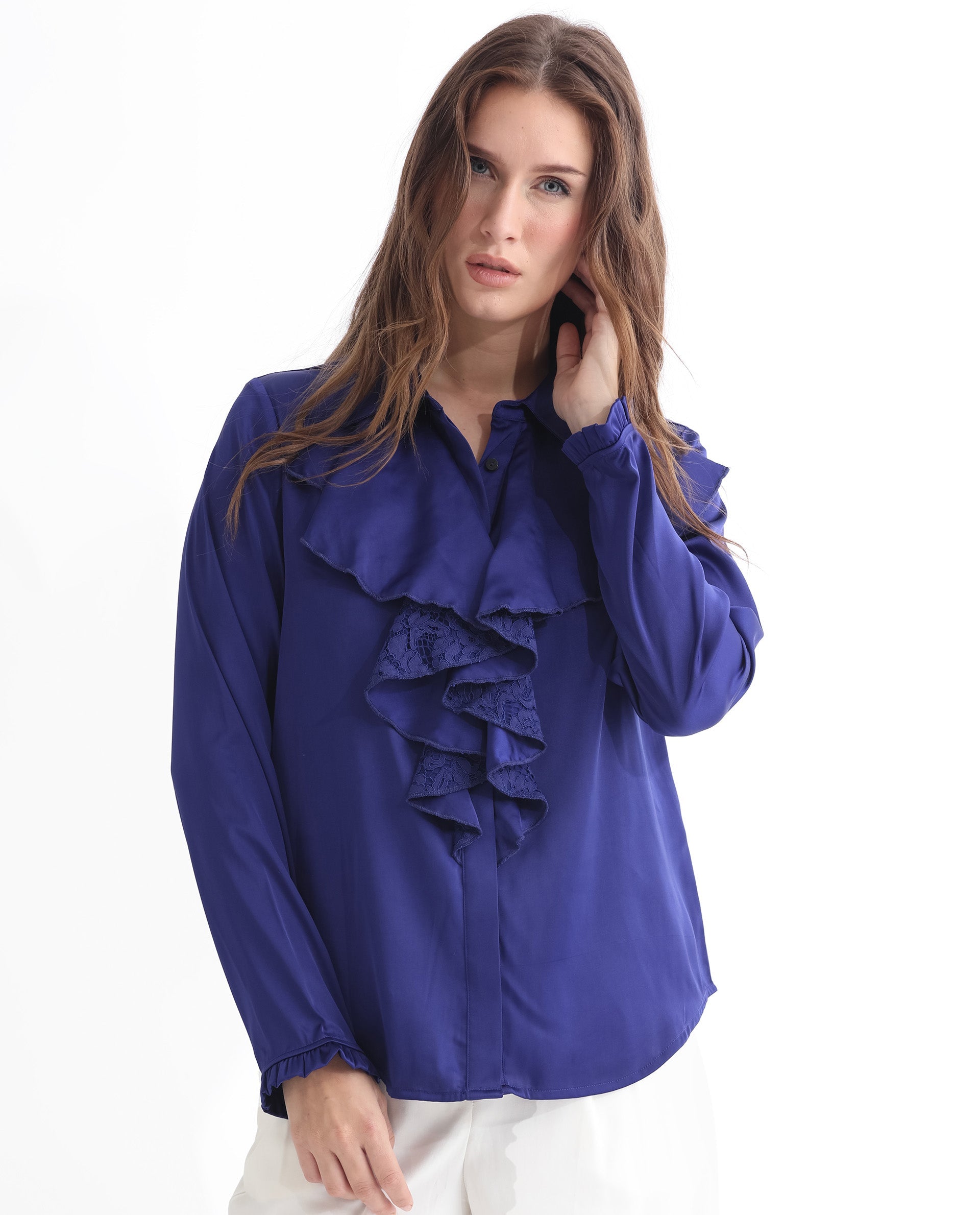 Women'S Uitson Dark Blue Polyester Fabric Relaxed Fit Ruffled Neck Full Sleeves Solid Top