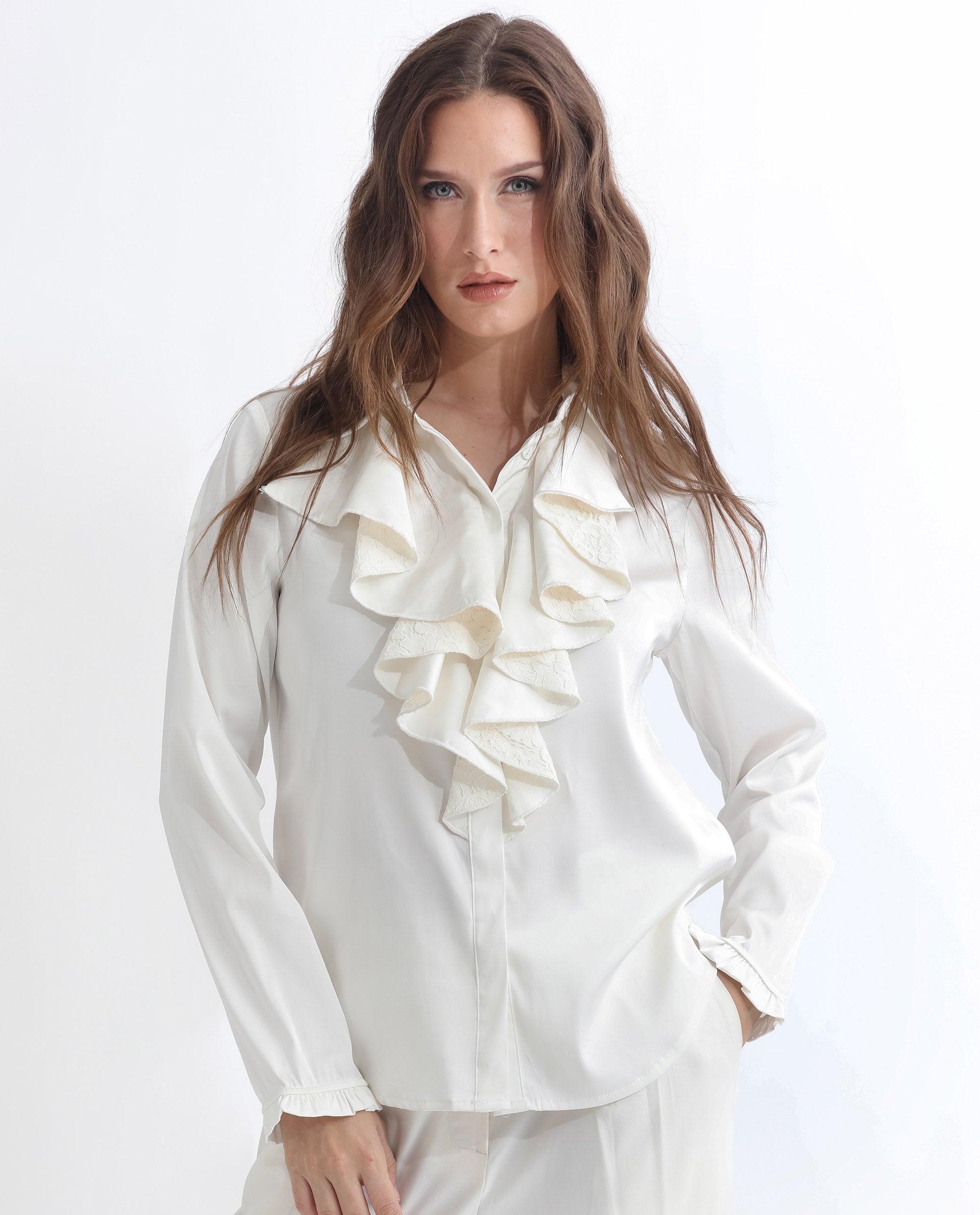 Women'S Uitson Off White Polyester Fabric Full Sleeves Button Closure Ruffled Neck Raglan Sleeve Relaxed Fit Plain Top