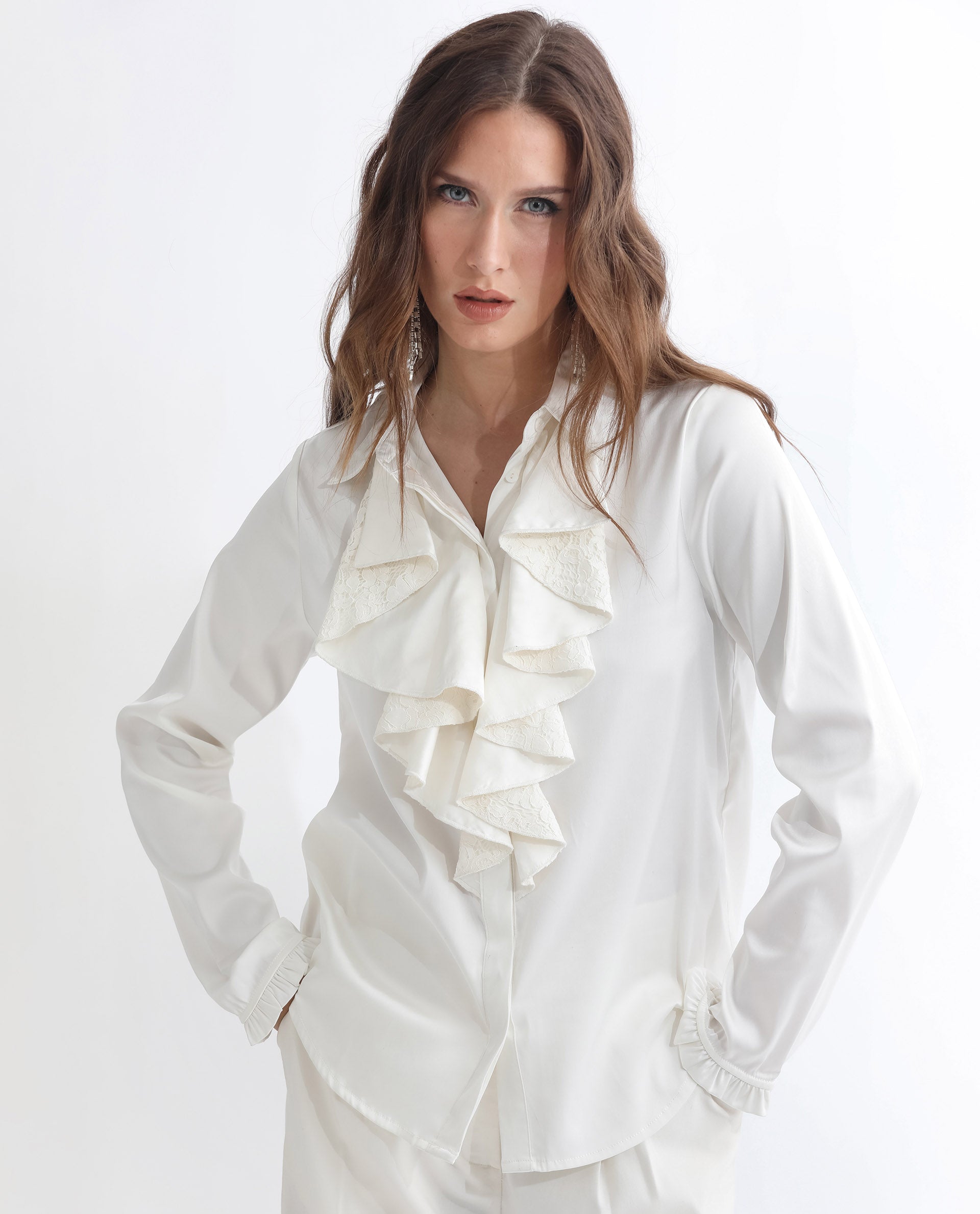 Women'S Uitson Off White Polyester Fabric Full Sleeves Button Closure Ruffled Neck Raglan Sleeve Relaxed Fit Plain Top