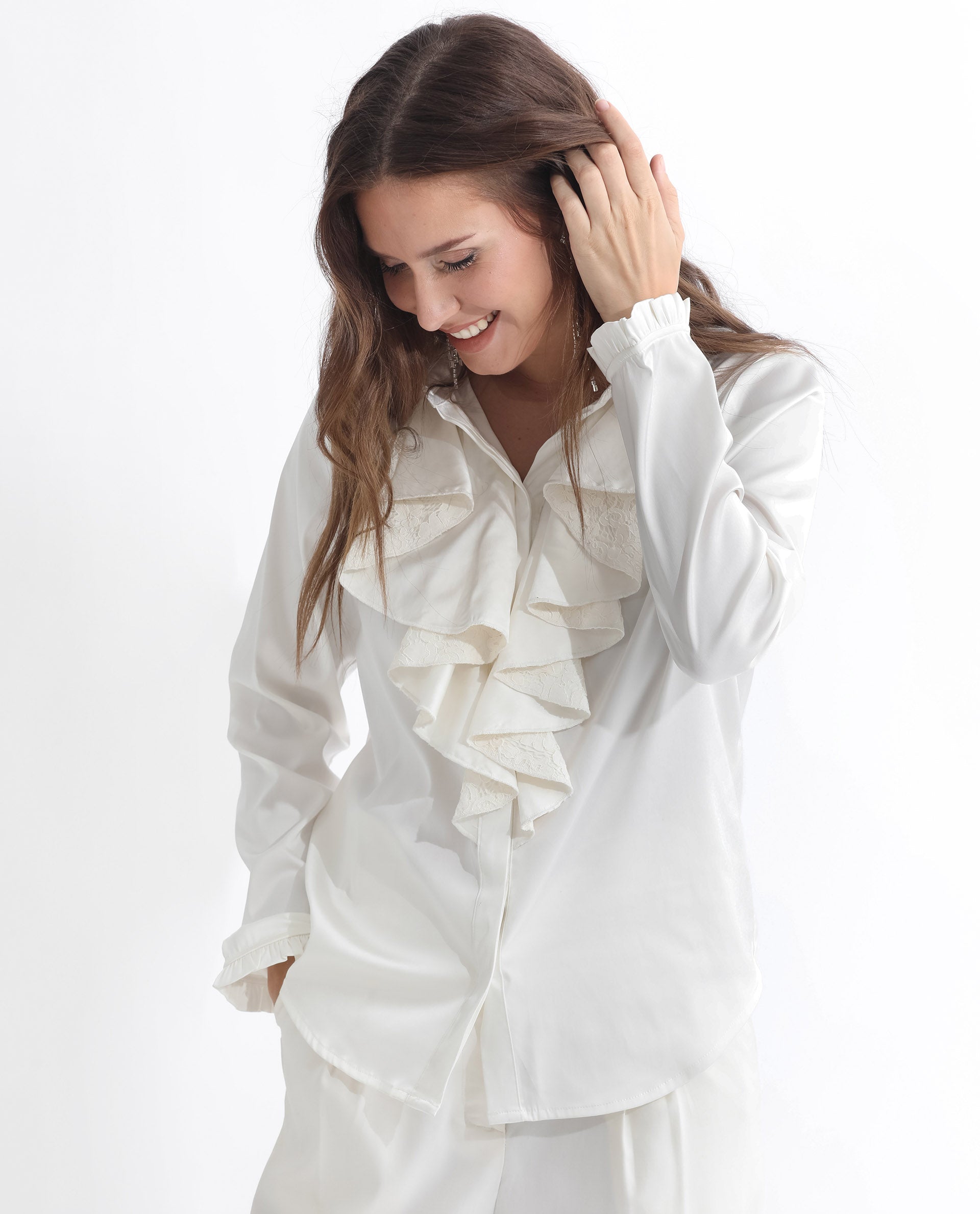 Women'S Uitson Off White Polyester Fabric Full Sleeves Button Closure Ruffled Neck Raglan Sleeve Relaxed Fit Plain Top