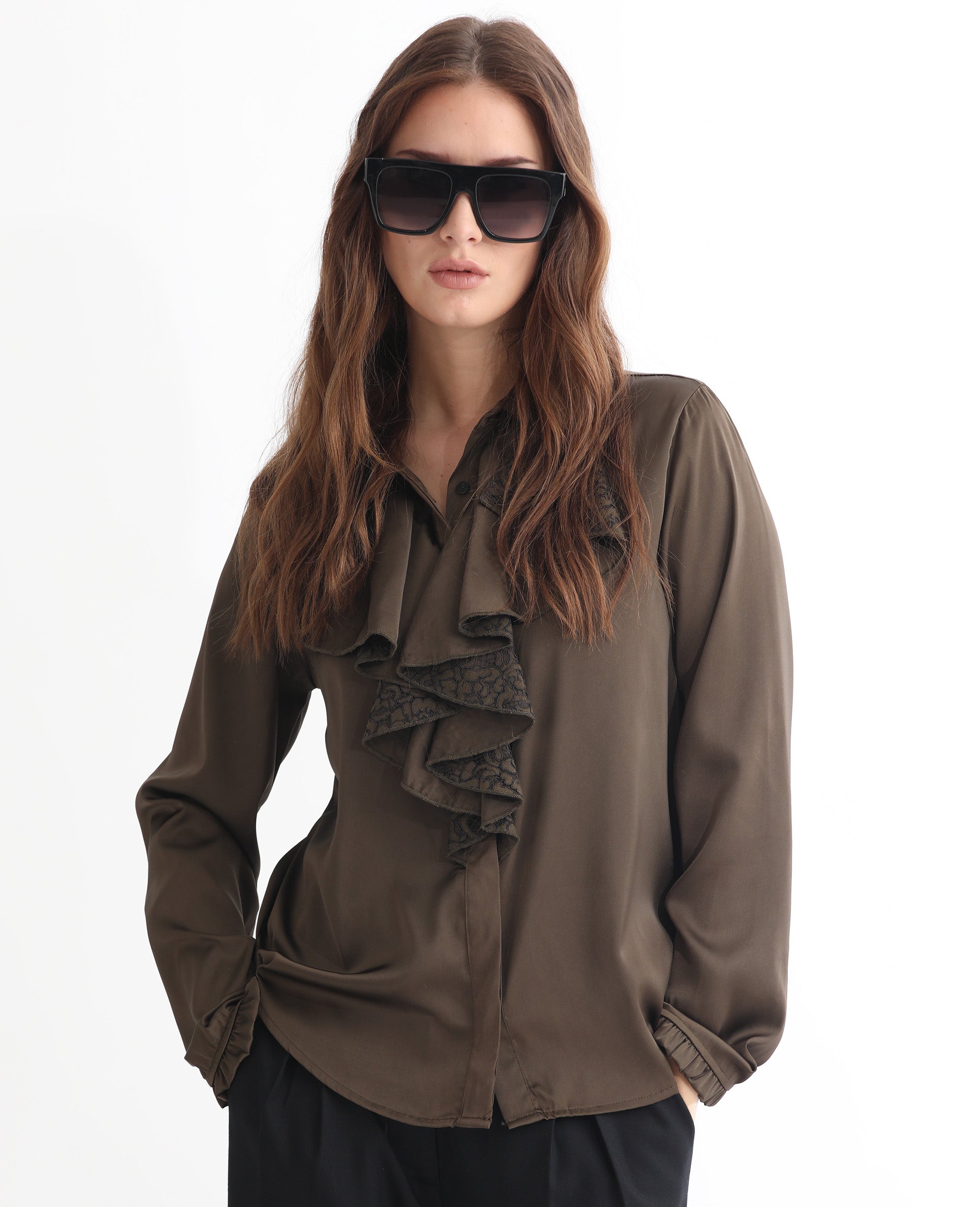 Women'S Uitson Dark Olive Polyester Fabric Relaxed Fit Ruffled Neck Full Sleeves Solid Top