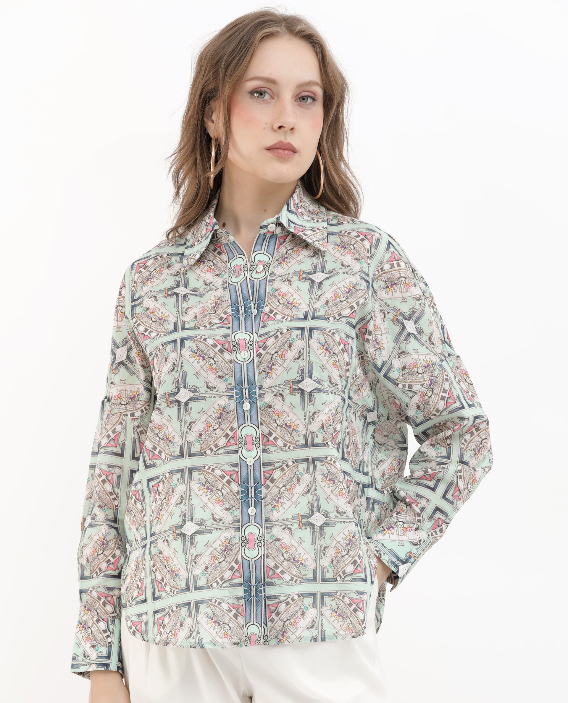 Women'S Westwick Pastel Green Cotton Fabric Full Sleeves Button Closure Collared Neck Cuffed Sleeve Relaxed Fit Abstract Print Top