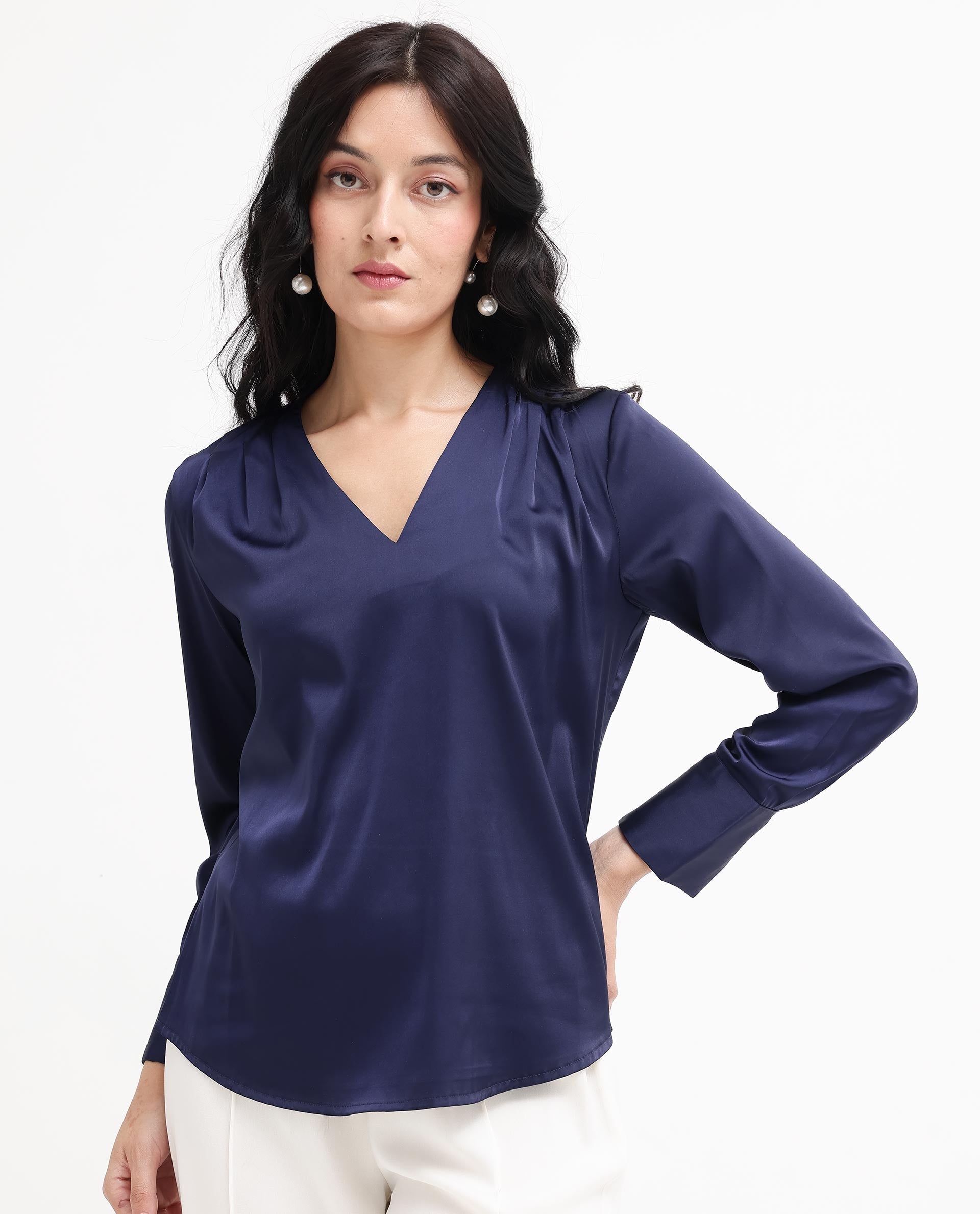 Women'S Yuhay Navy Polyester Fabric Regular Sleeves V-Neck Solid Regular Length Top