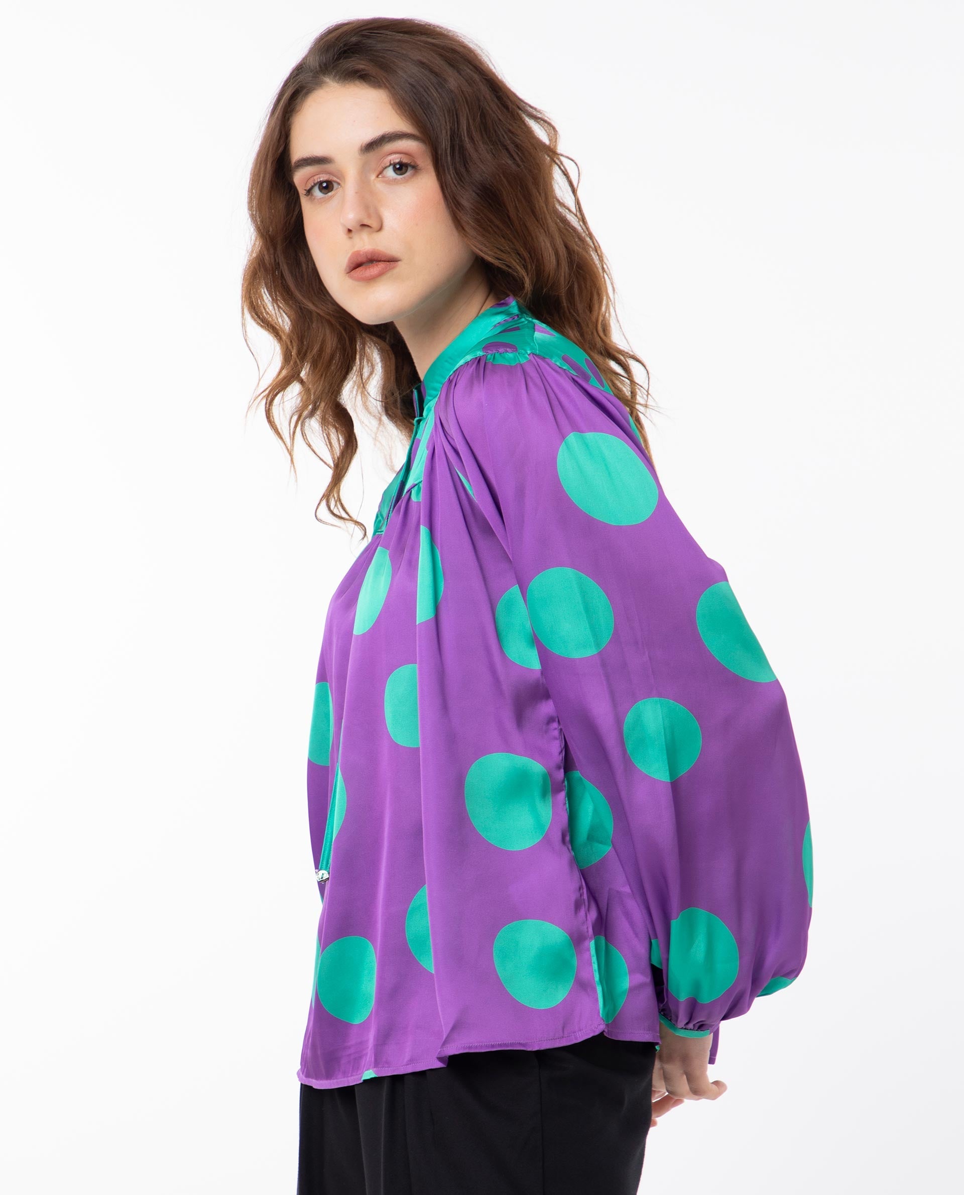 Women'S Brust Purple Polyester Fabric Full Sleeves Tie-Up Closure Mandarin Collar Bishop Sleeve Relaxed Fit Polka Top