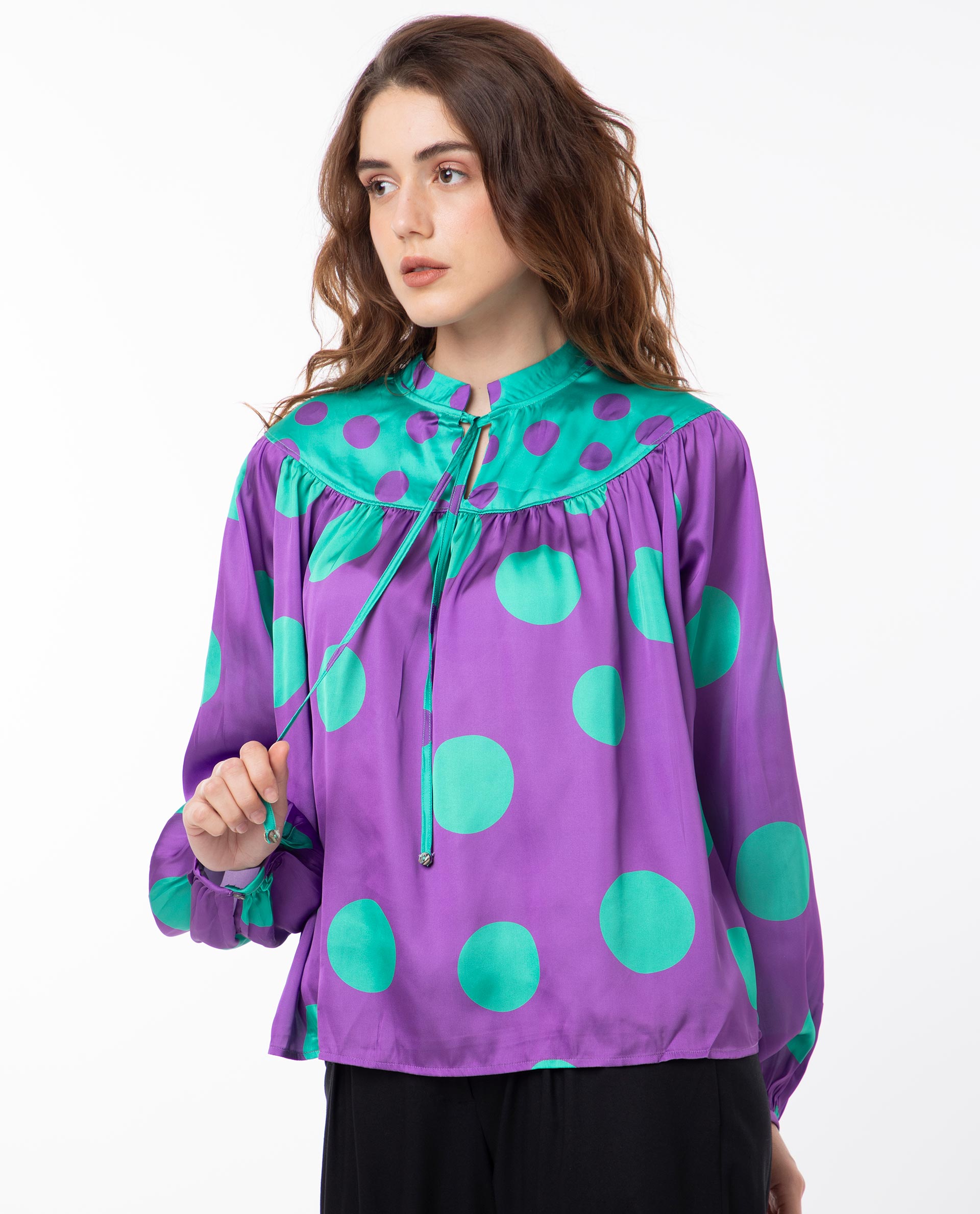 Women'S Brust Purple Polyester Fabric Full Sleeves Tie-Up Closure Mandarin Collar Bishop Sleeve Relaxed Fit Polka Top