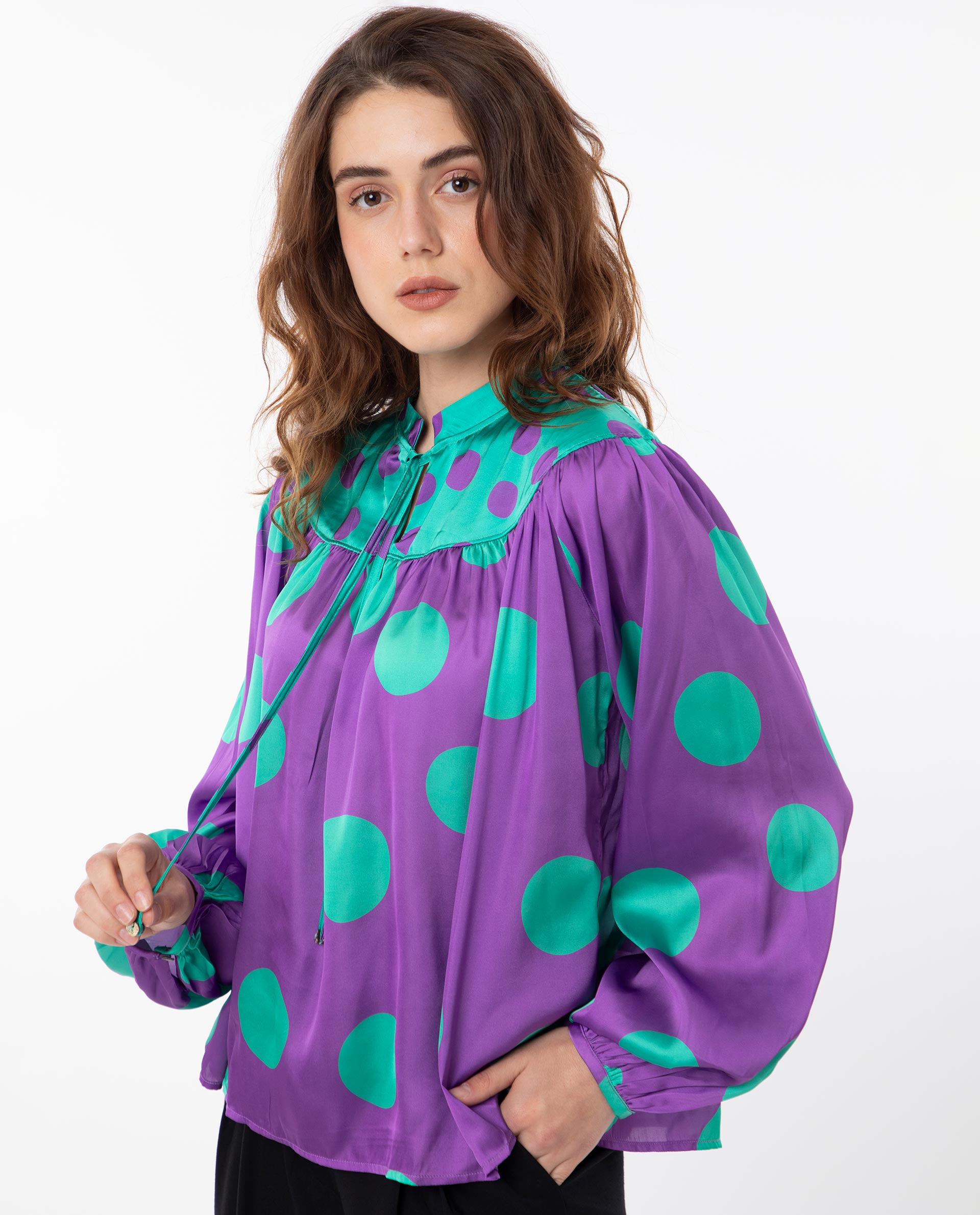 Women'S Brust Purple Polyester Fabric Full Sleeves Tie-Up Closure Mandarin Collar Bishop Sleeve Relaxed Fit Polka Top