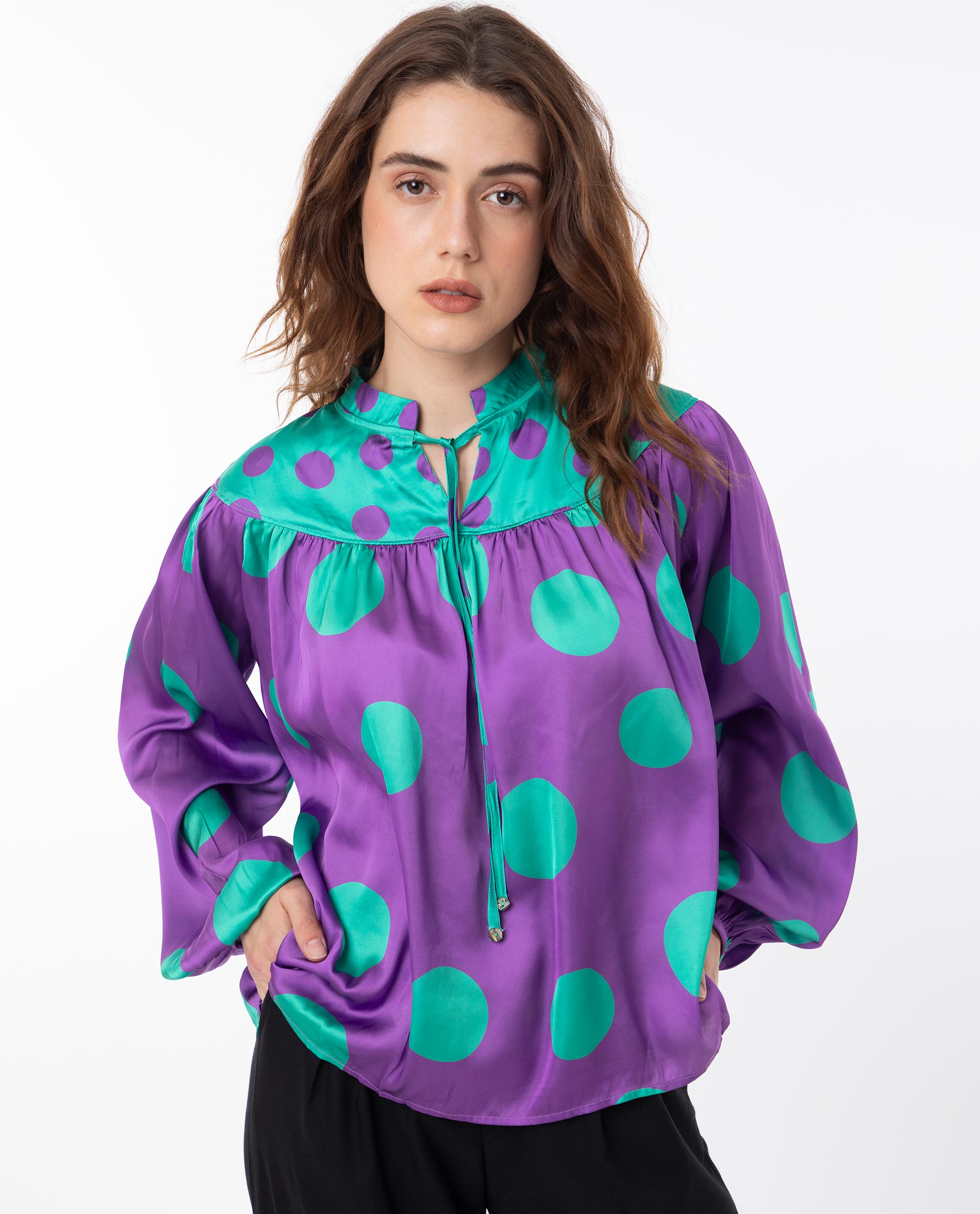 Women'S Brust Purple Polyester Fabric Full Sleeves Tie-Up Closure Mandarin Collar Bishop Sleeve Relaxed Fit Polka Top