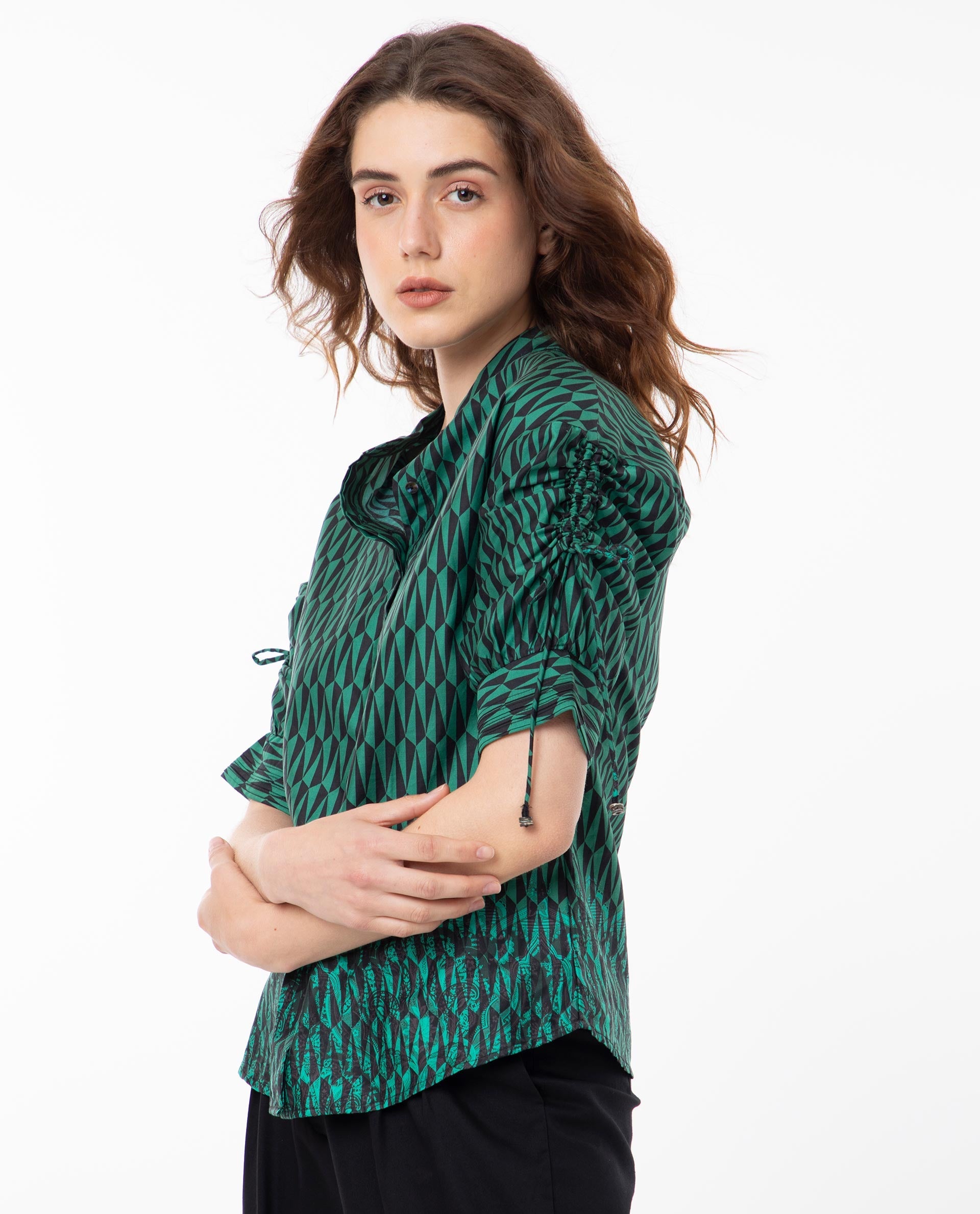 Women'S Tafel Green Cotton Fabric Short Sleeves Button Closure Mandarin Collar Regular Fit Geometric Print Top