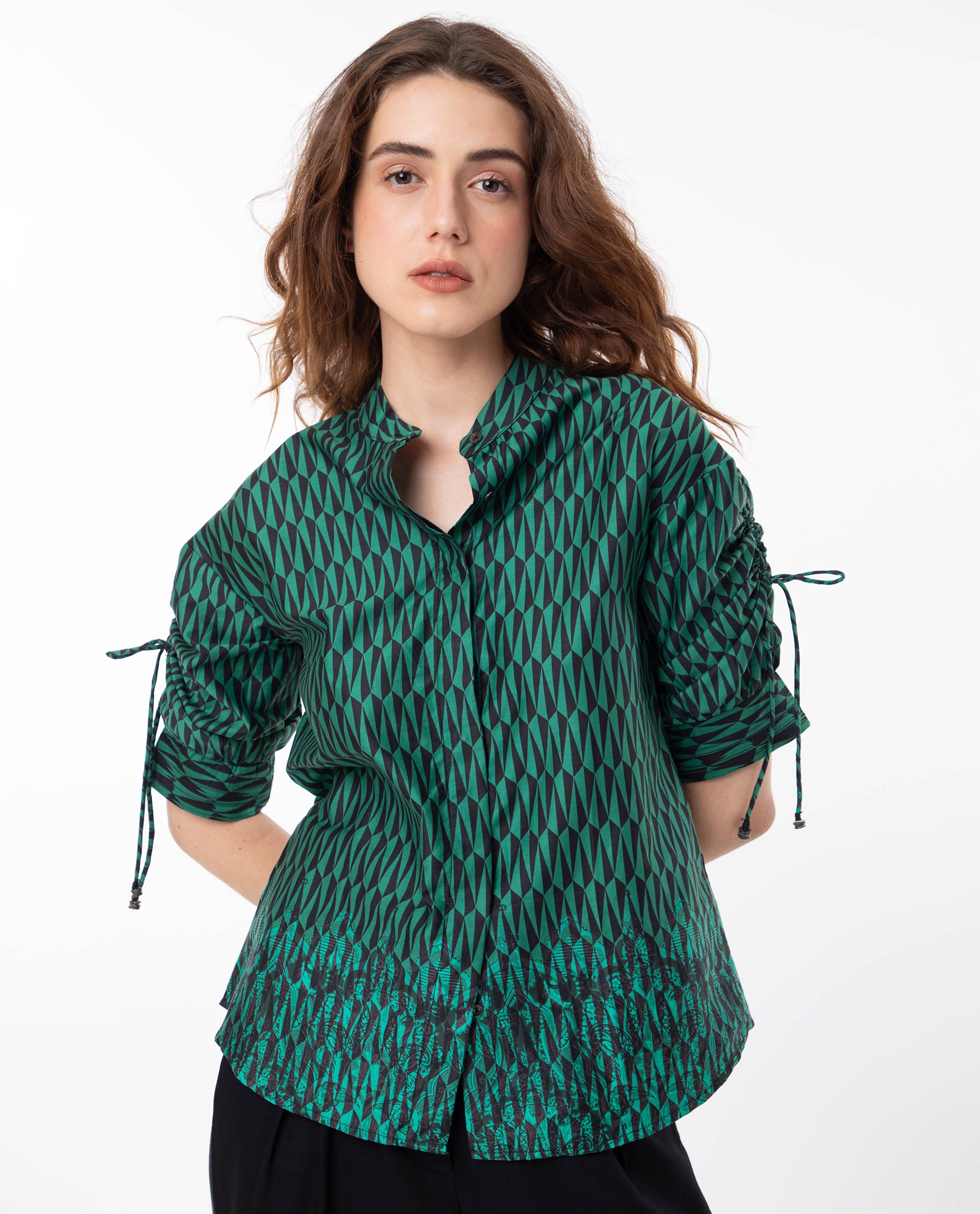 Women'S Tafel Green Cotton Fabric Short Sleeves Button Closure Mandarin Collar Regular Fit Geometric Print Top