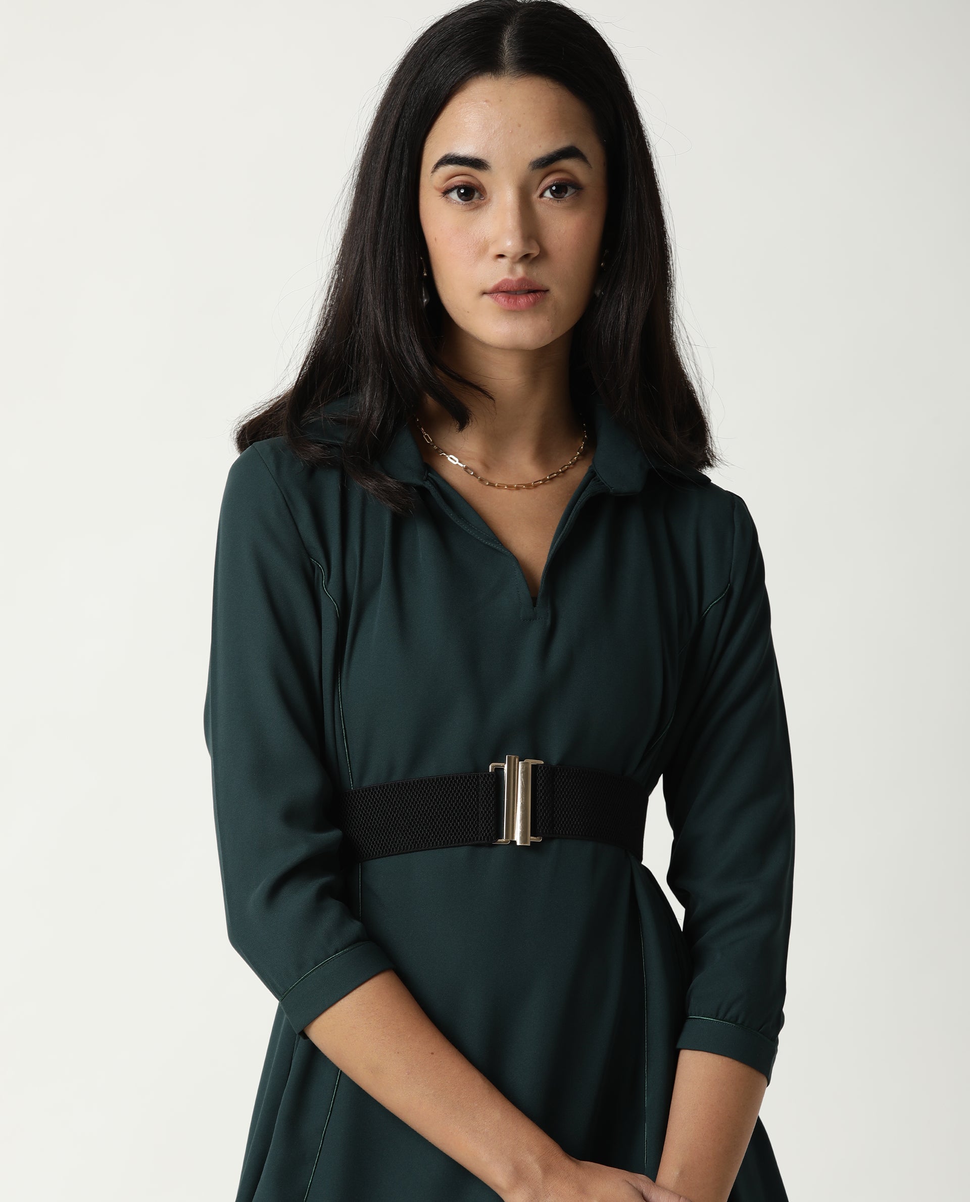 WOMENS DAIRY GREEN DRESS POLYESTER FABRIC REGULAR FIT 3/4 SLEEVE V NECK