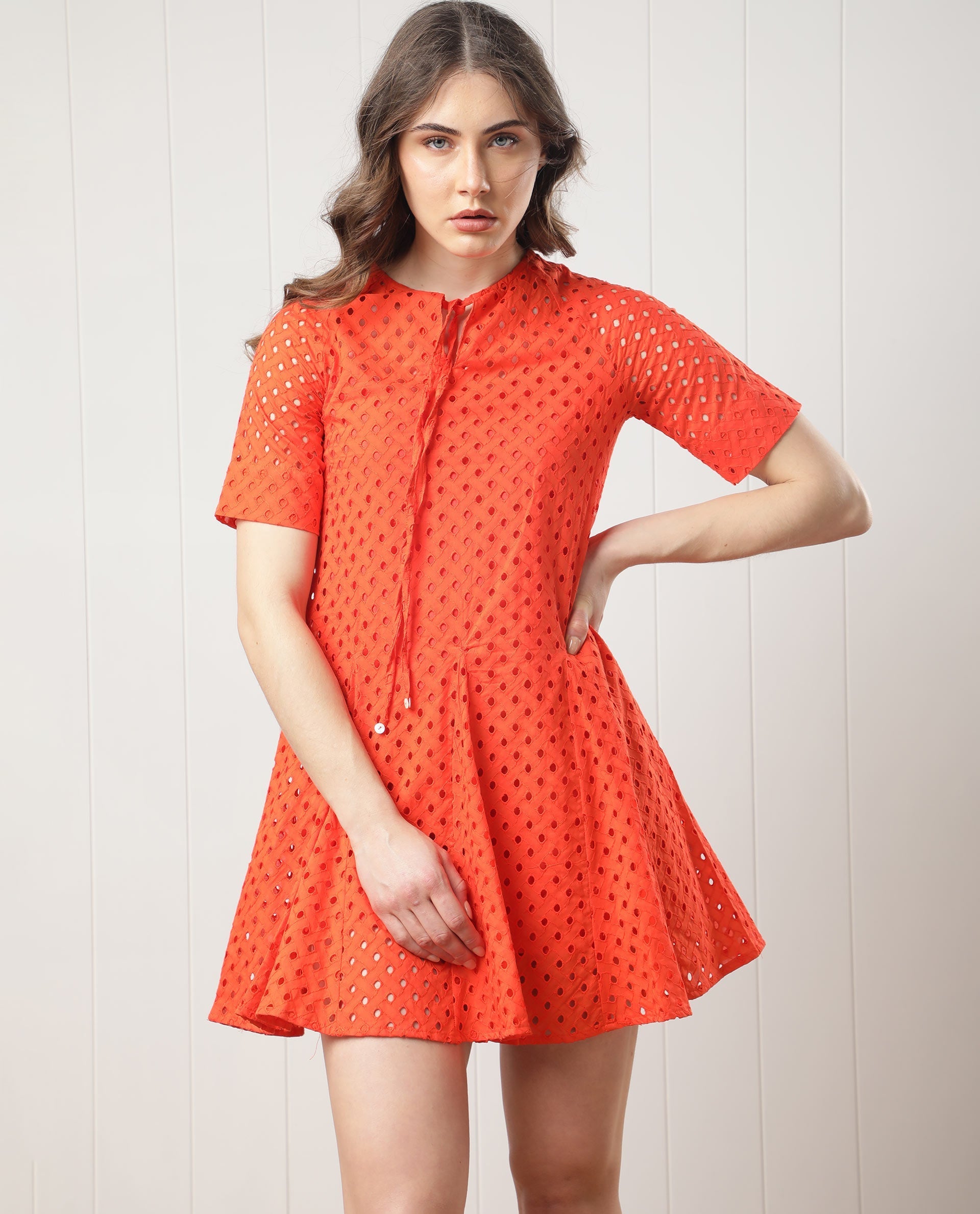 WOMEN'S BEX ORANGE DRESS COTTON FABRIC FULL SLEEVES SOLID