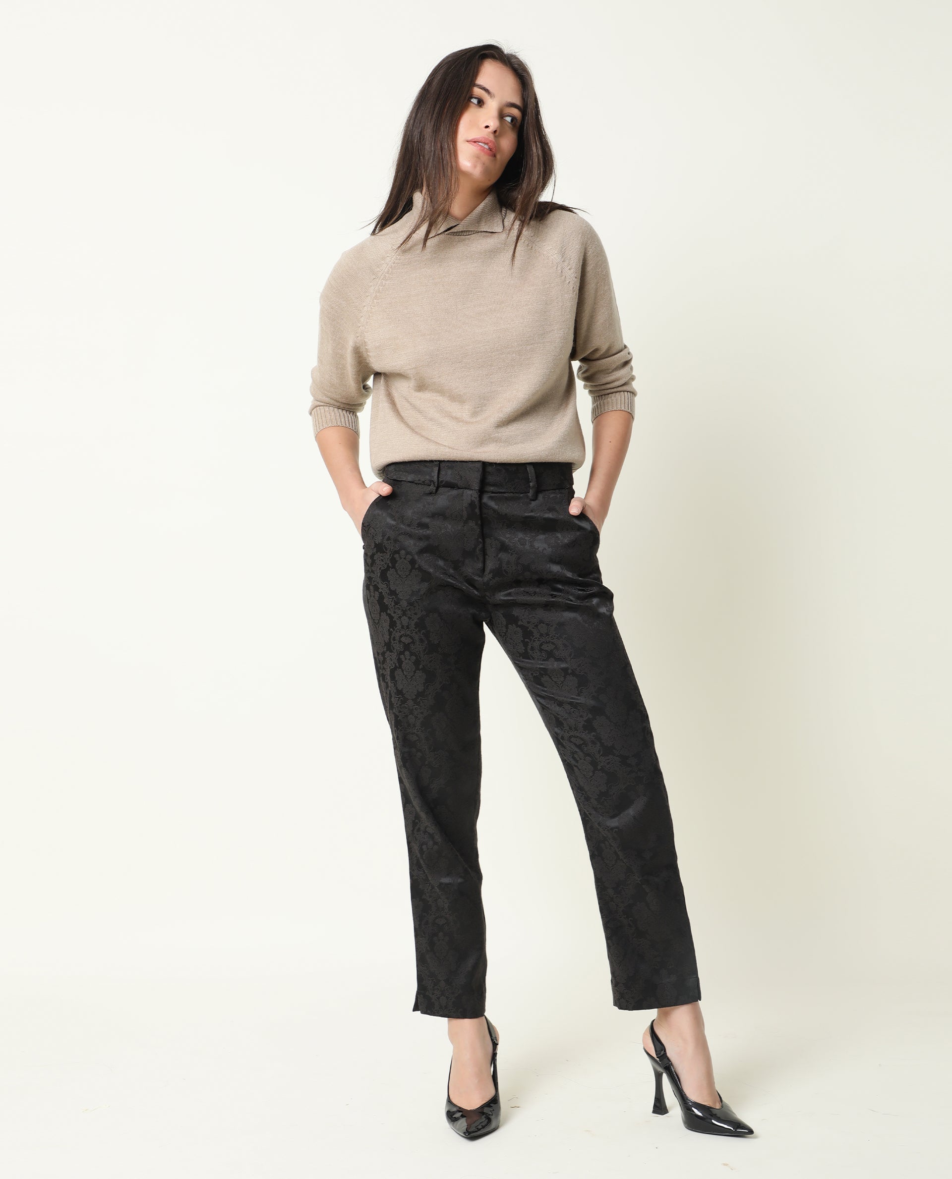 WOMEN'S NESTEA BLACK TROUSERS POLYESTER FABRIC FULL SLEEVES BUTTON CLOSURE SOLID