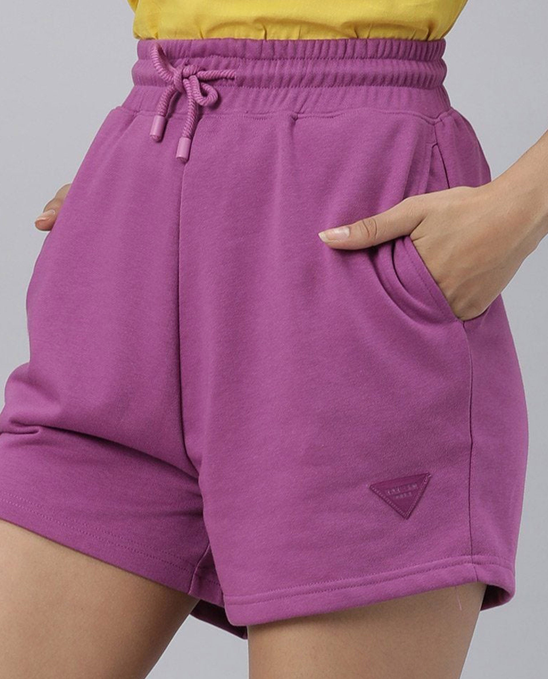 WOMENS SPENCE-1 PURPLE SHORTS REGULAR FIT POLYCOTTON FABRIC MID RISE ELASTICATED WAISTBAND