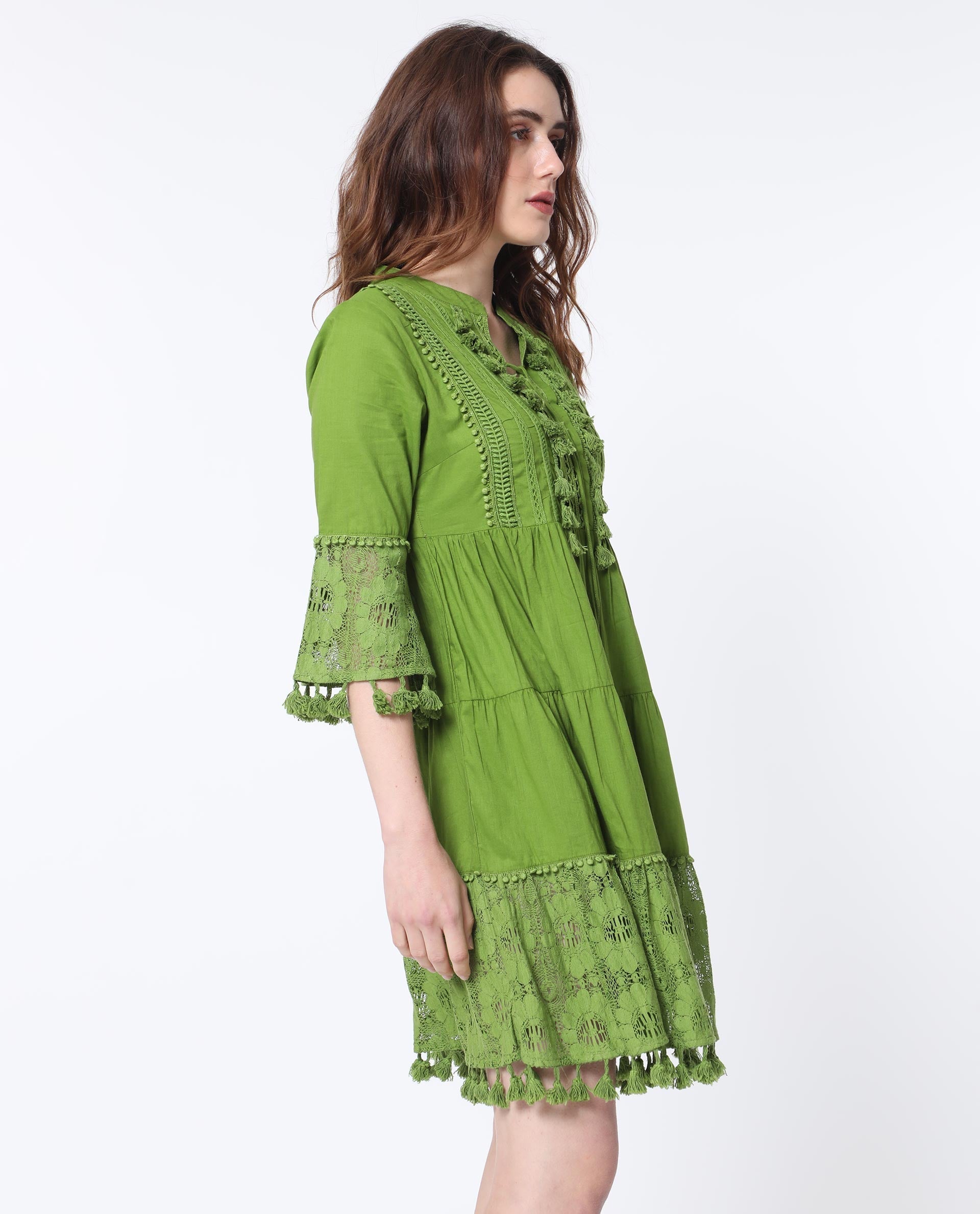 WOMEN'S ANDARIN FLOUROSCENT GREEN DRESS COTTON FABRIC SOLID