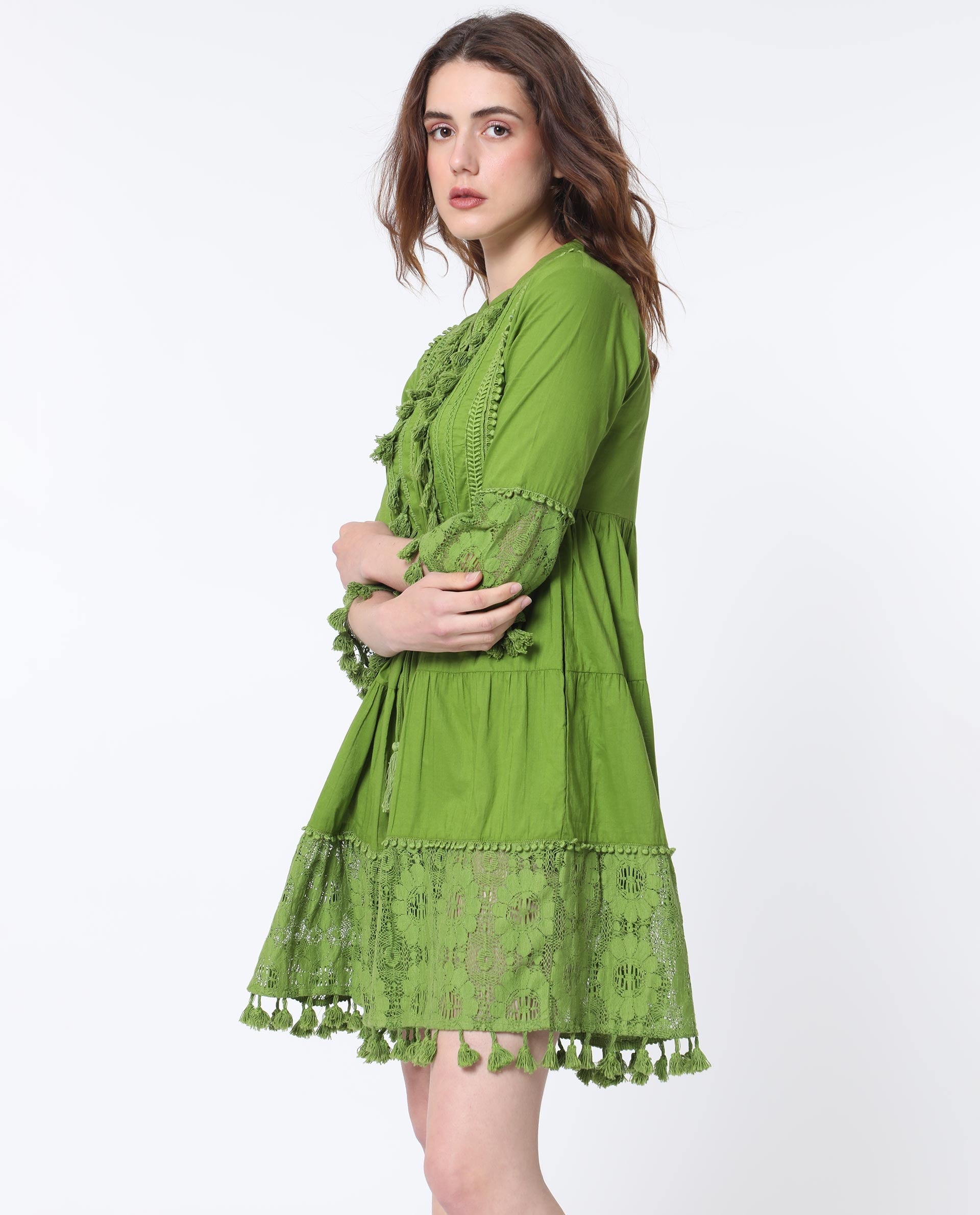 WOMEN'S ANDARIN FLOUROSCENT GREEN DRESS COTTON FABRIC SOLID