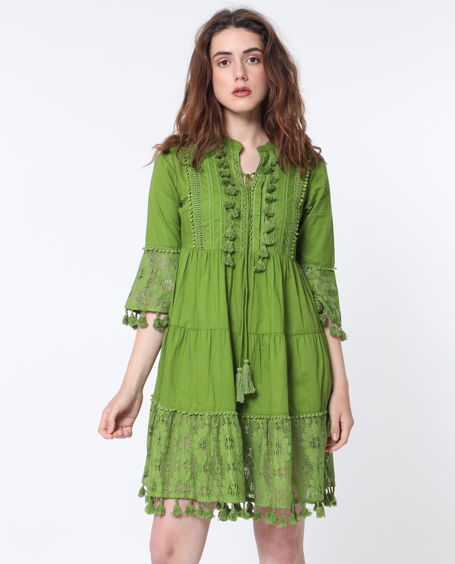 WOMEN'S ANDARIN FLOUROSCENT GREEN DRESS COTTON FABRIC SOLID