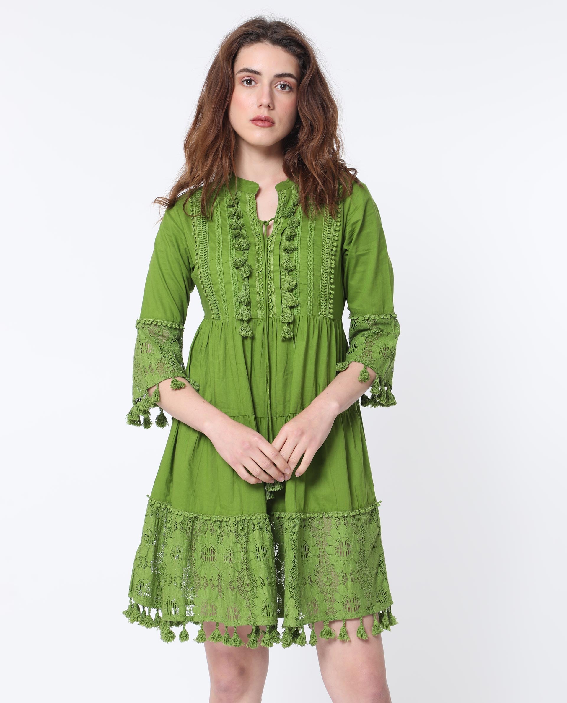 WOMEN'S ANDARIN FLOUROSCENT GREEN DRESS COTTON FABRIC SOLID