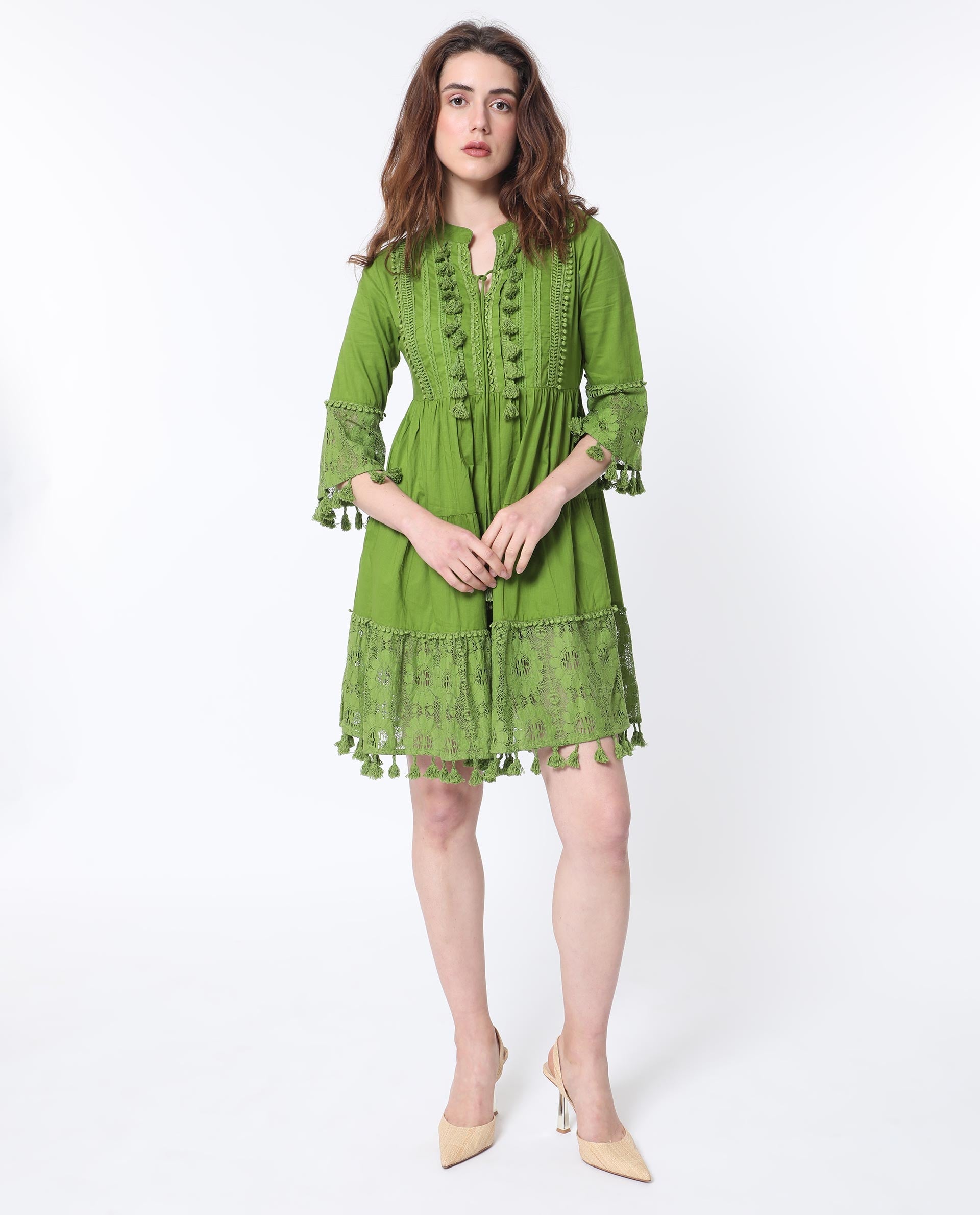 WOMEN'S ANDARIN FLOUROSCENT GREEN DRESS COTTON FABRIC SOLID