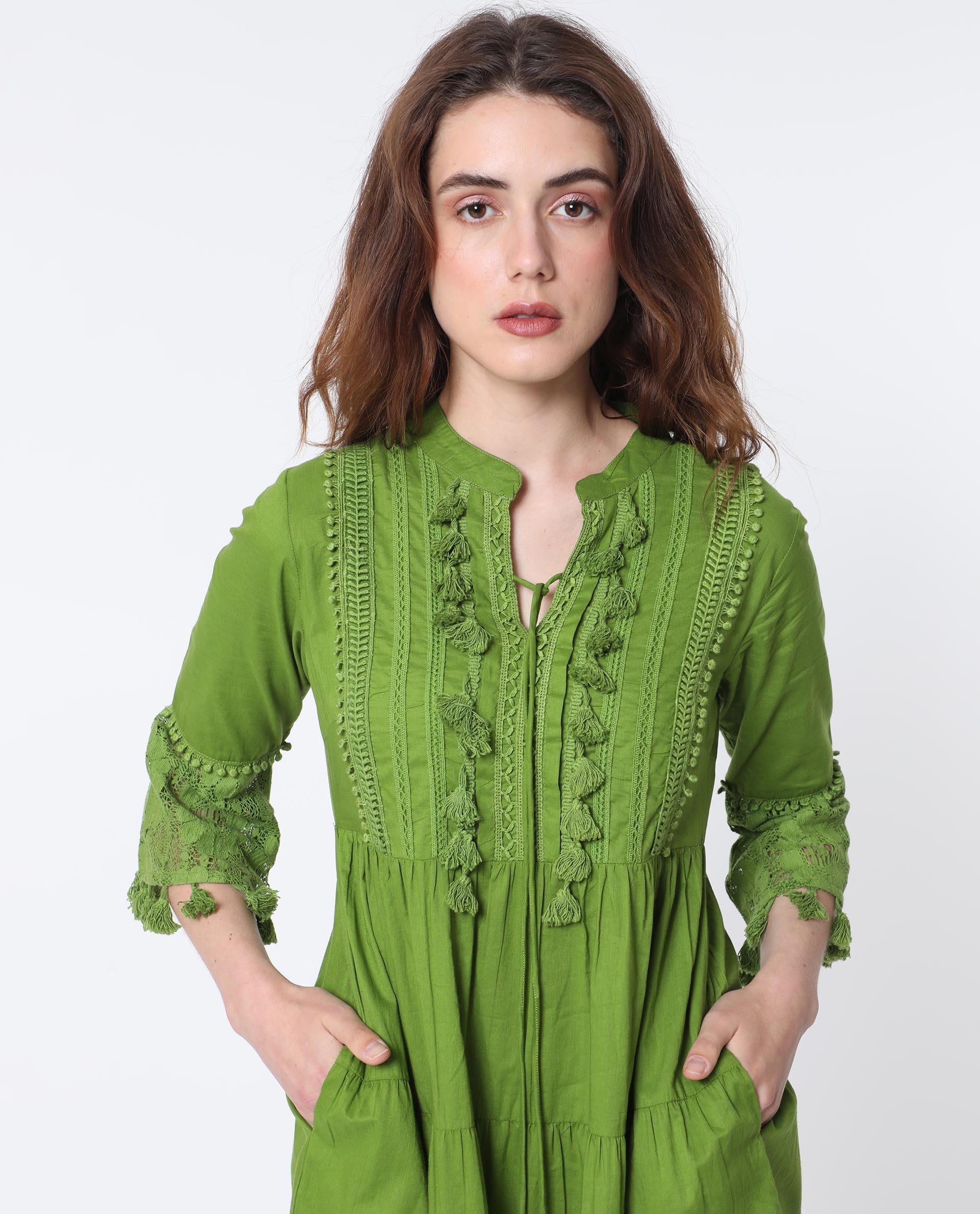 WOMEN'S ANDARIN FLOUROSCENT GREEN DRESS COTTON FABRIC SOLID