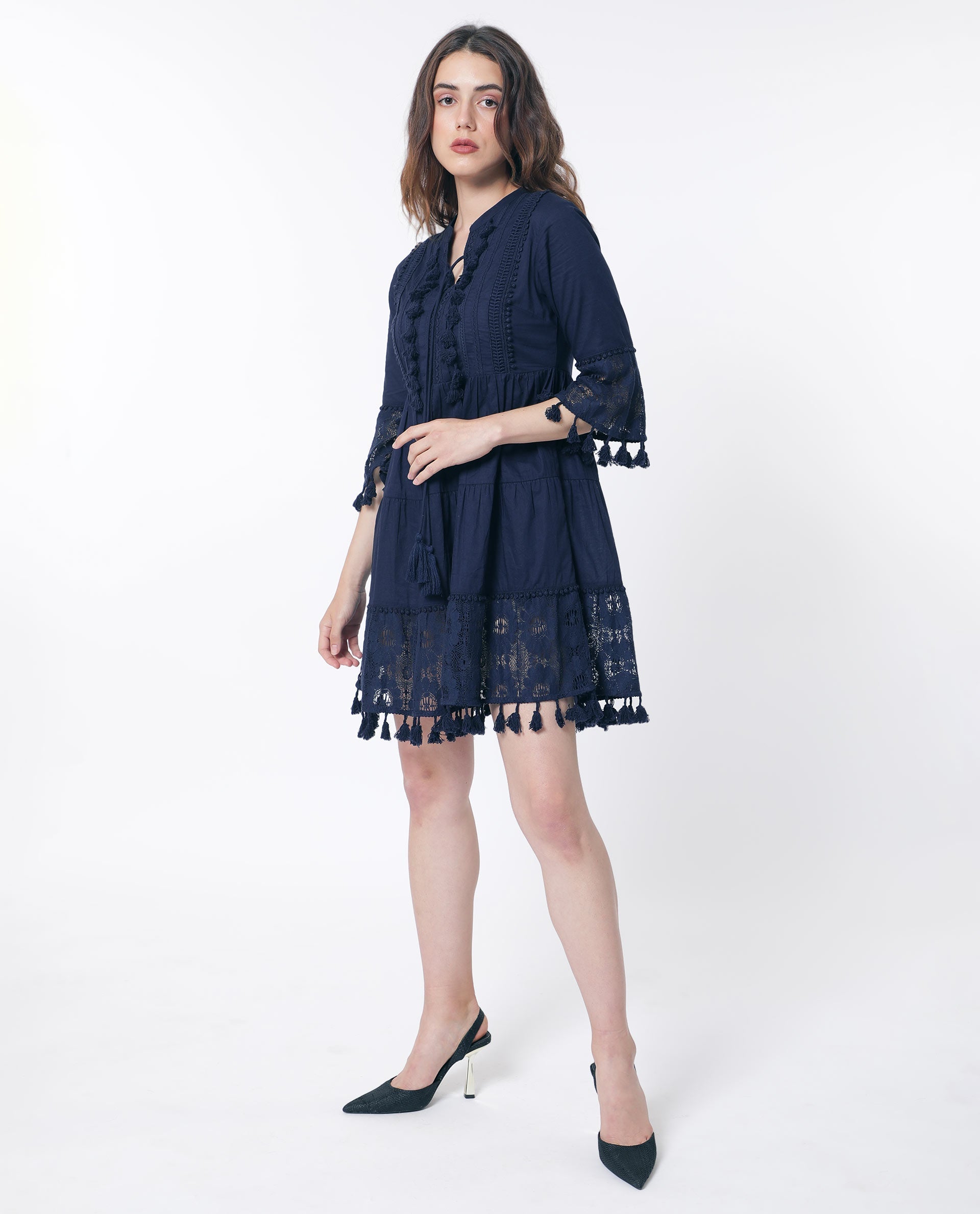 WOMEN'S ANDARIN NAVY DRESS COTTON FABRIC SOLID