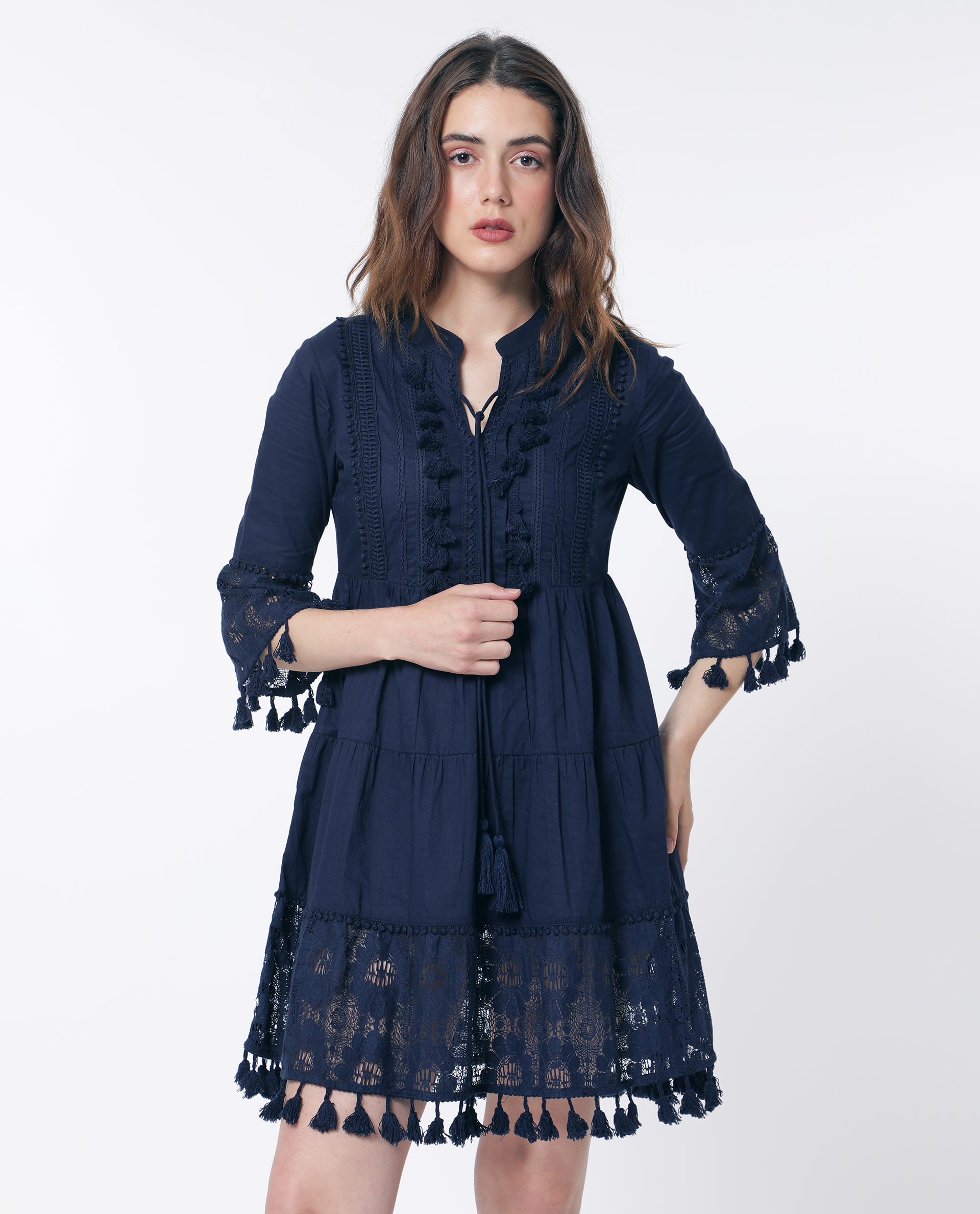 WOMEN'S ANDARIN NAVY DRESS COTTON FABRIC SOLID