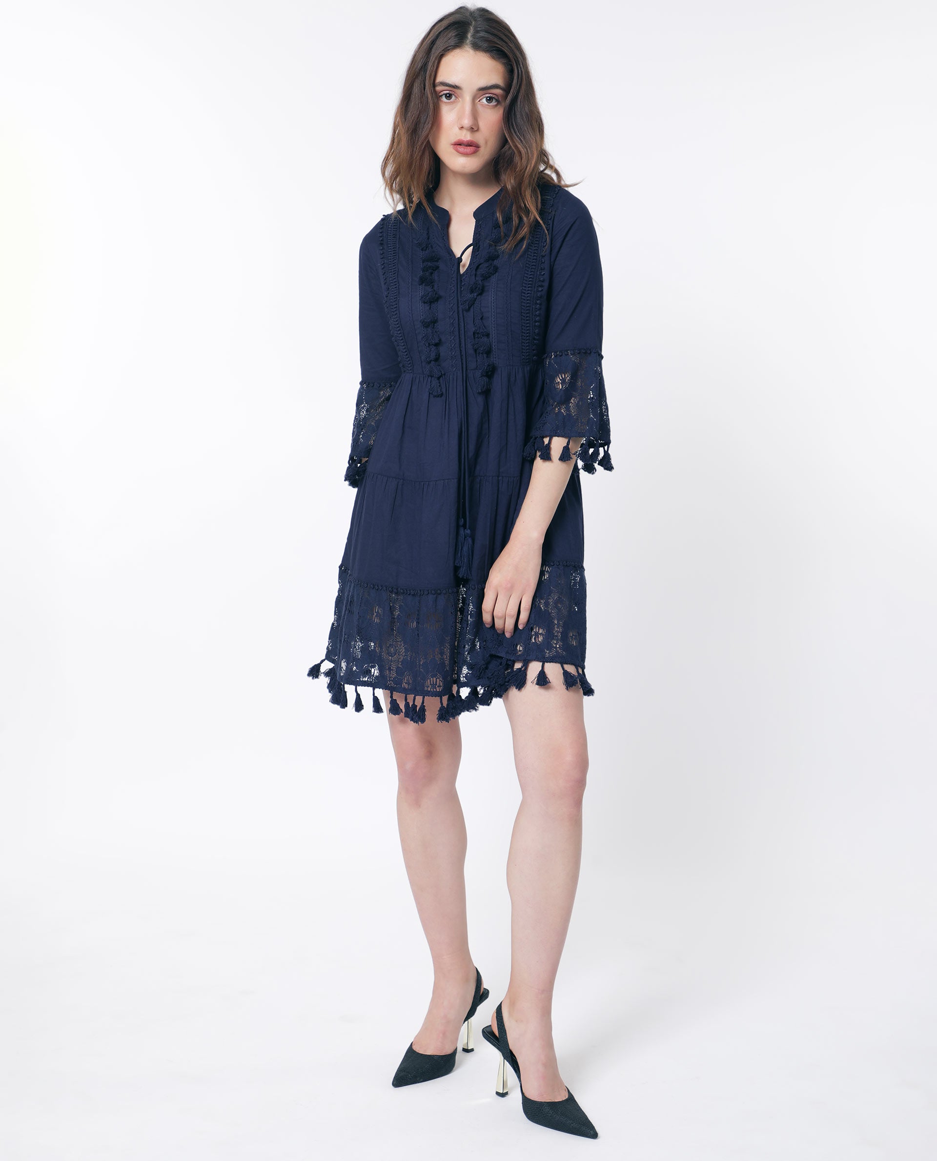 WOMEN'S ANDARIN NAVY DRESS COTTON FABRIC SOLID