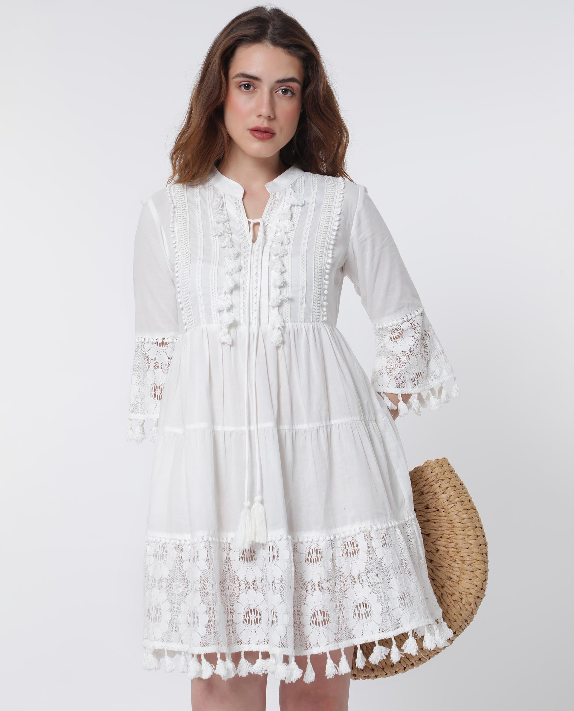 WOMEN'S ANDARIN WHITE DRESS COTTON FABRIC SOLID