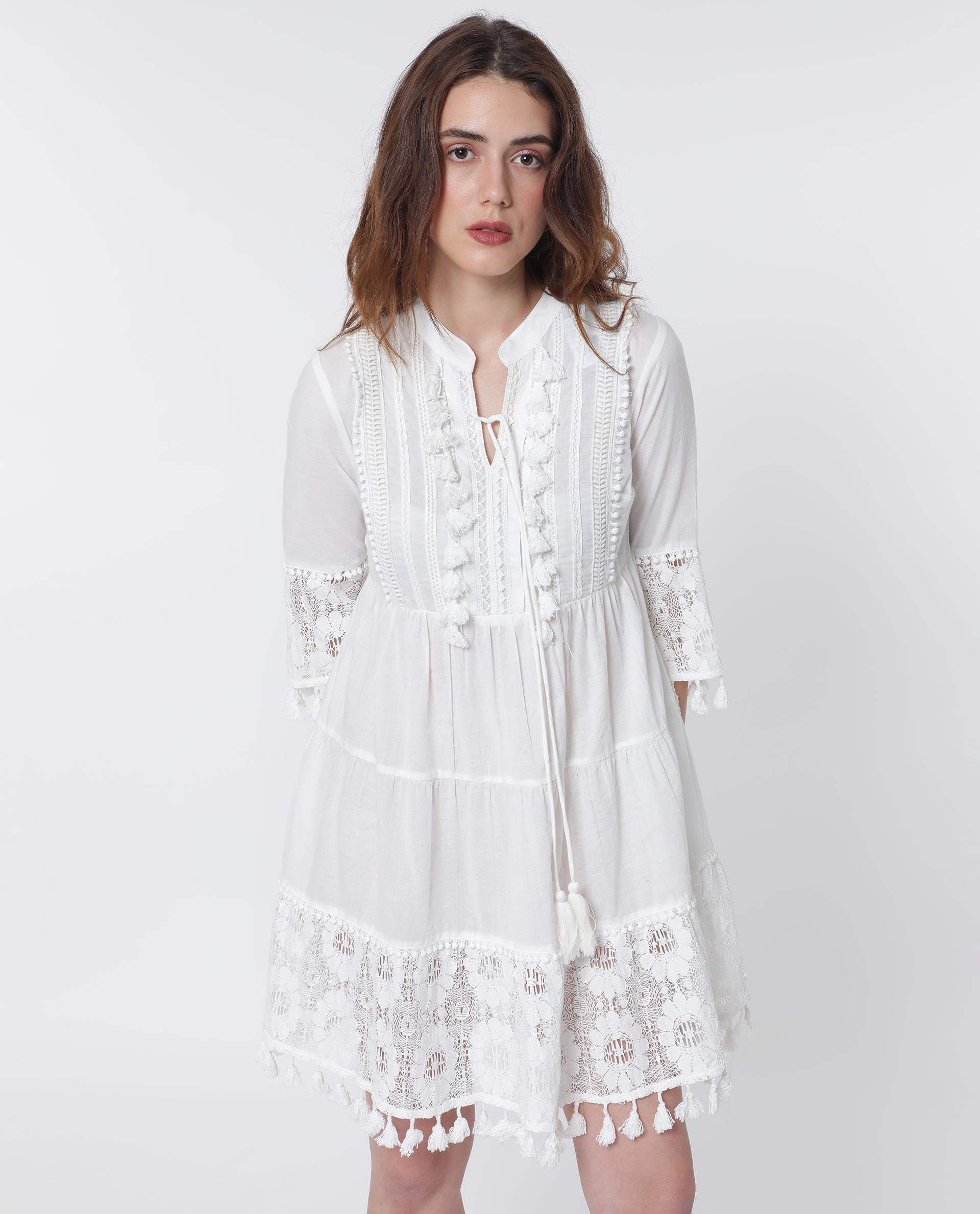 WOMEN'S ANDARIN WHITE DRESS COTTON FABRIC SOLID