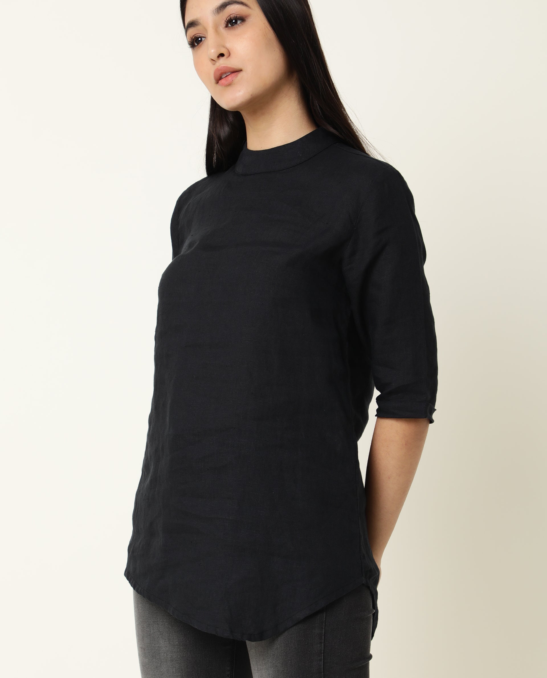 WOMENS ANDREA BLACK TOP Linen FABRIC Regular FIT Full Sleeve High Neck