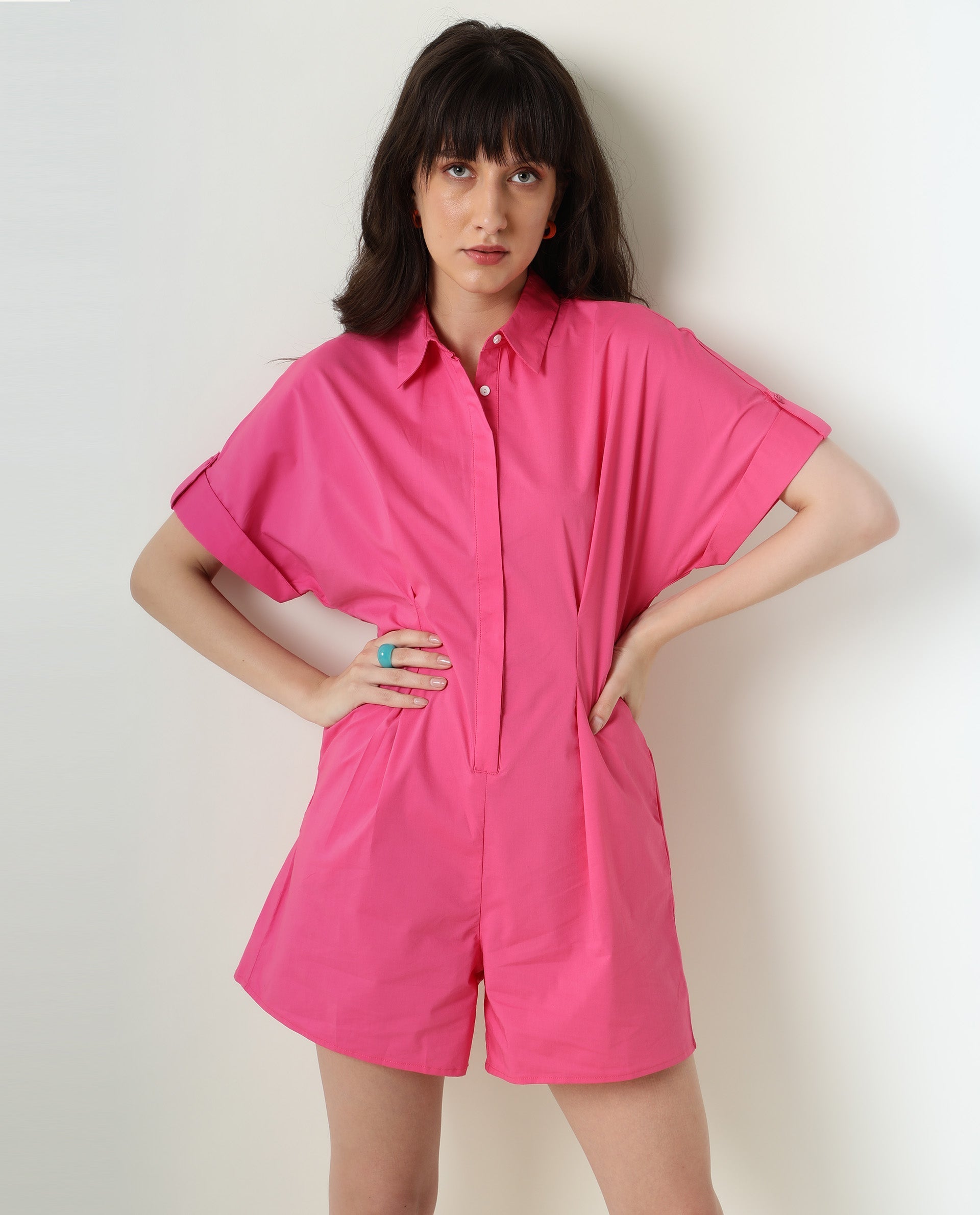 WOMENS BITSY PINK PLAYSUIT Cotton Lycra FABRIC Regular FIT Half Sleeve Collared Neck