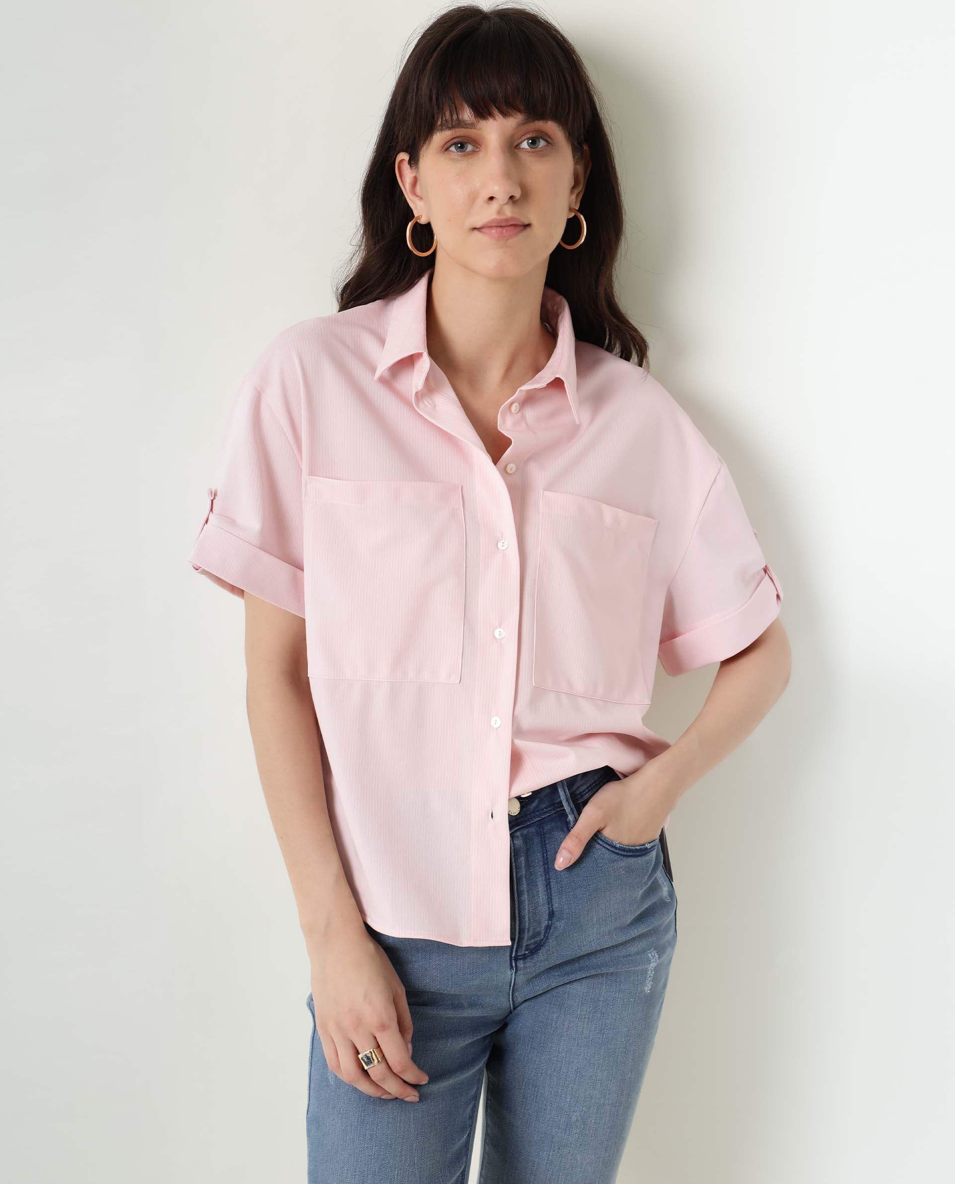 WOMENS BOLERO PINK SEMI FORMAL SHIRT HALF SLEEVE COLLARED NECK