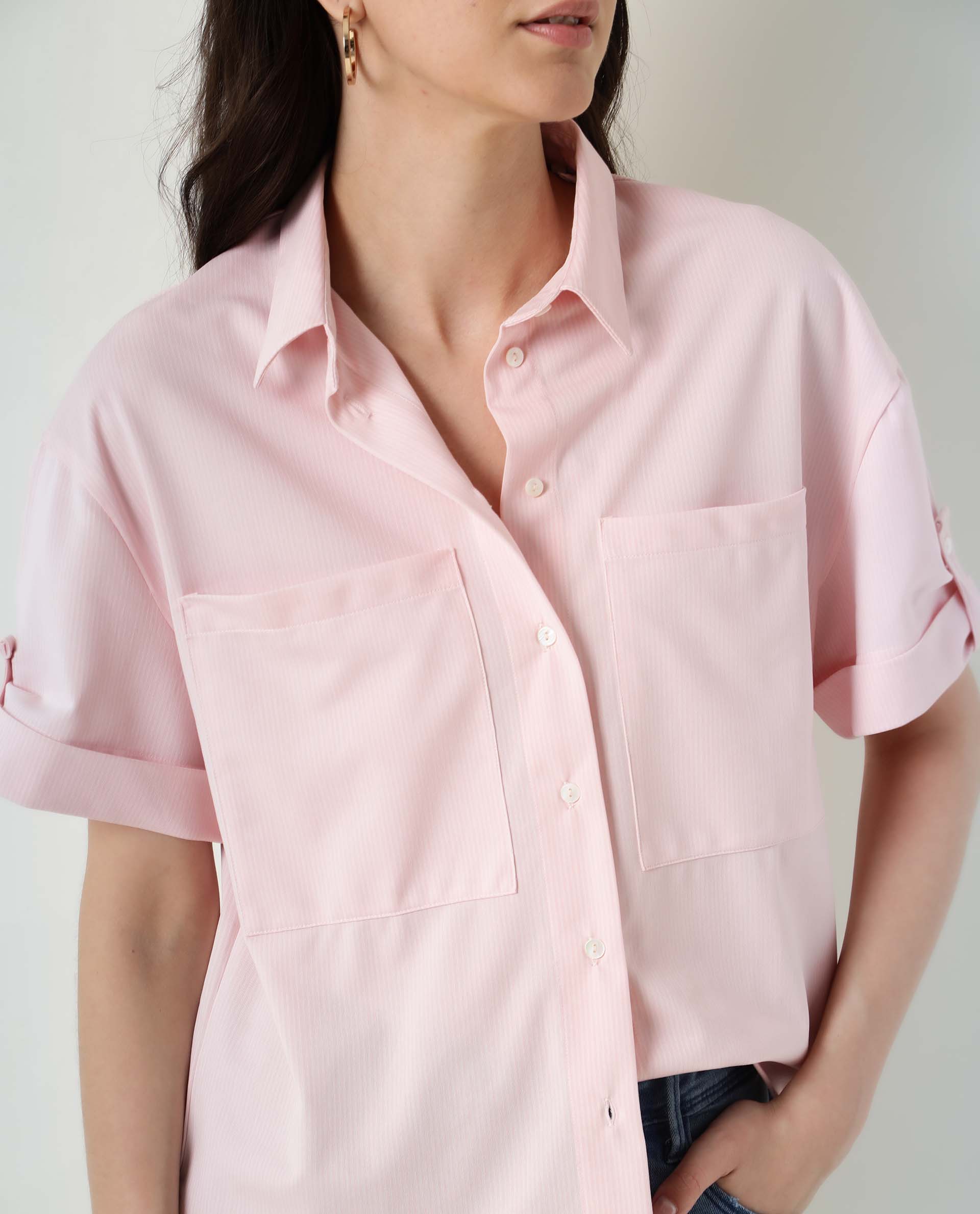 WOMENS BOLERO PINK SEMI FORMAL SHIRT HALF SLEEVE COLLARED NECK