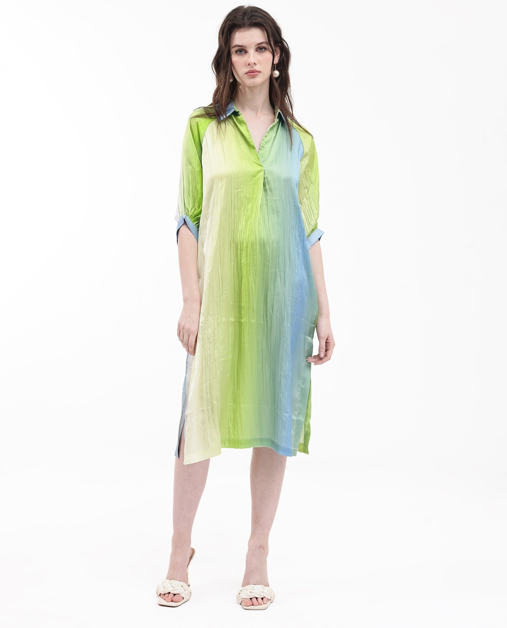 Women's Boris Multi Polyester Fabric Cap Sleeve Collared Neck Ombre Longline Dress