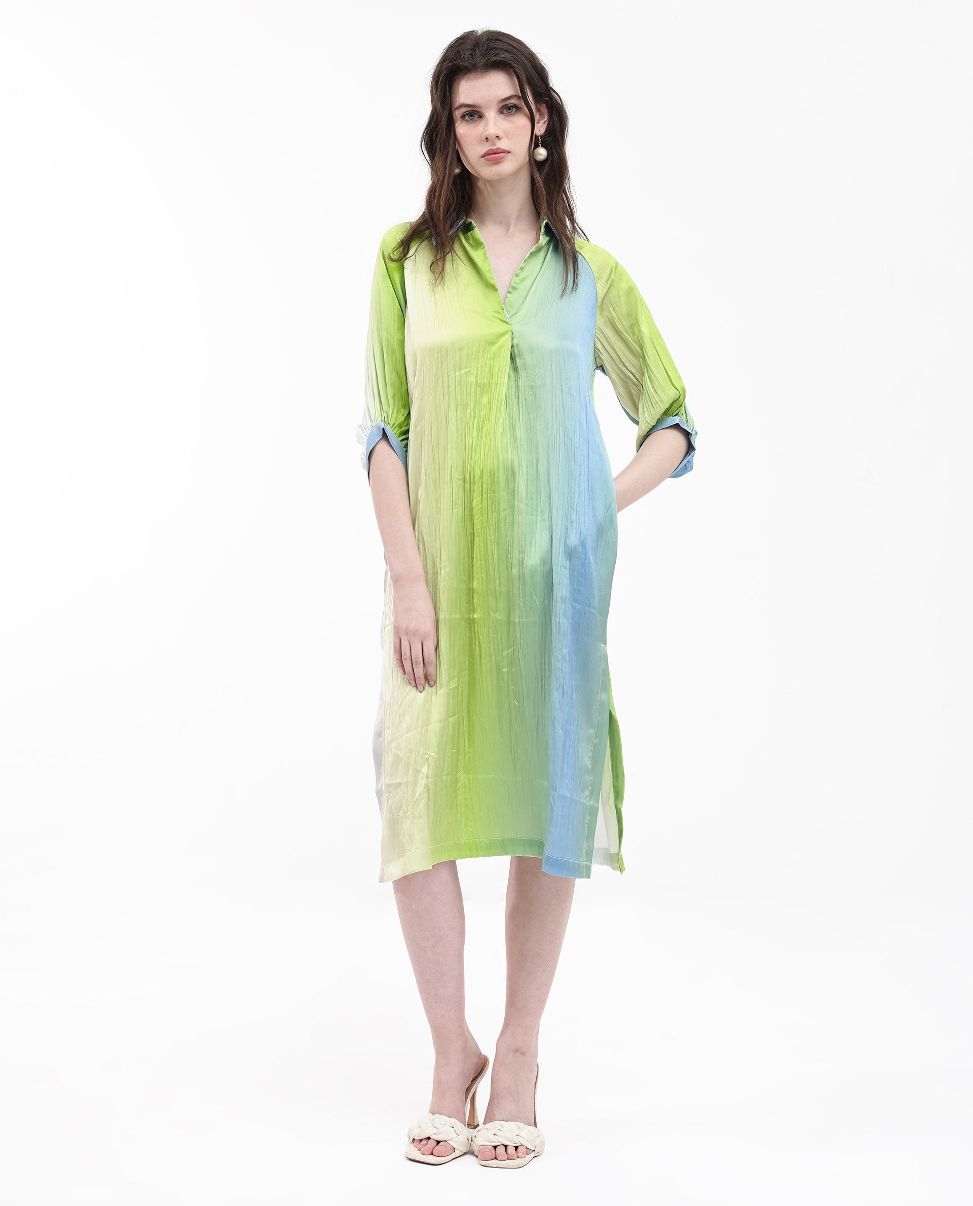 Women's Boris Multi Polyester Fabric Cap Sleeve Collared Neck Ombre Longline Dress